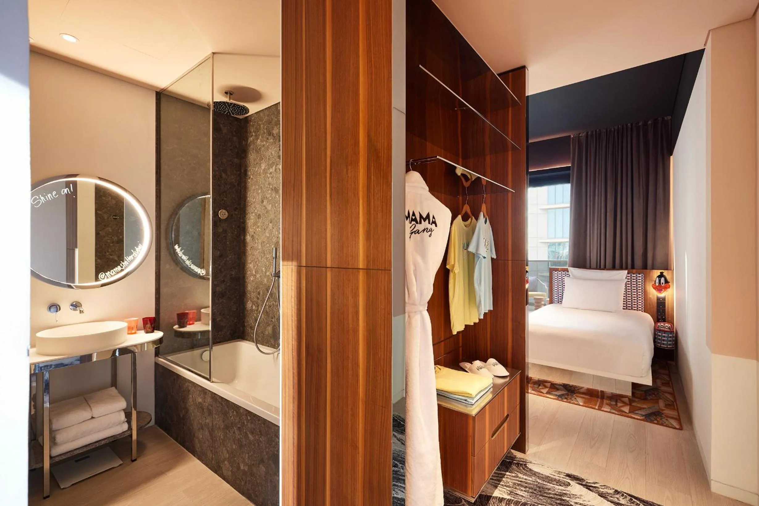Bathroom, Bed in Mama Shelter Dubai