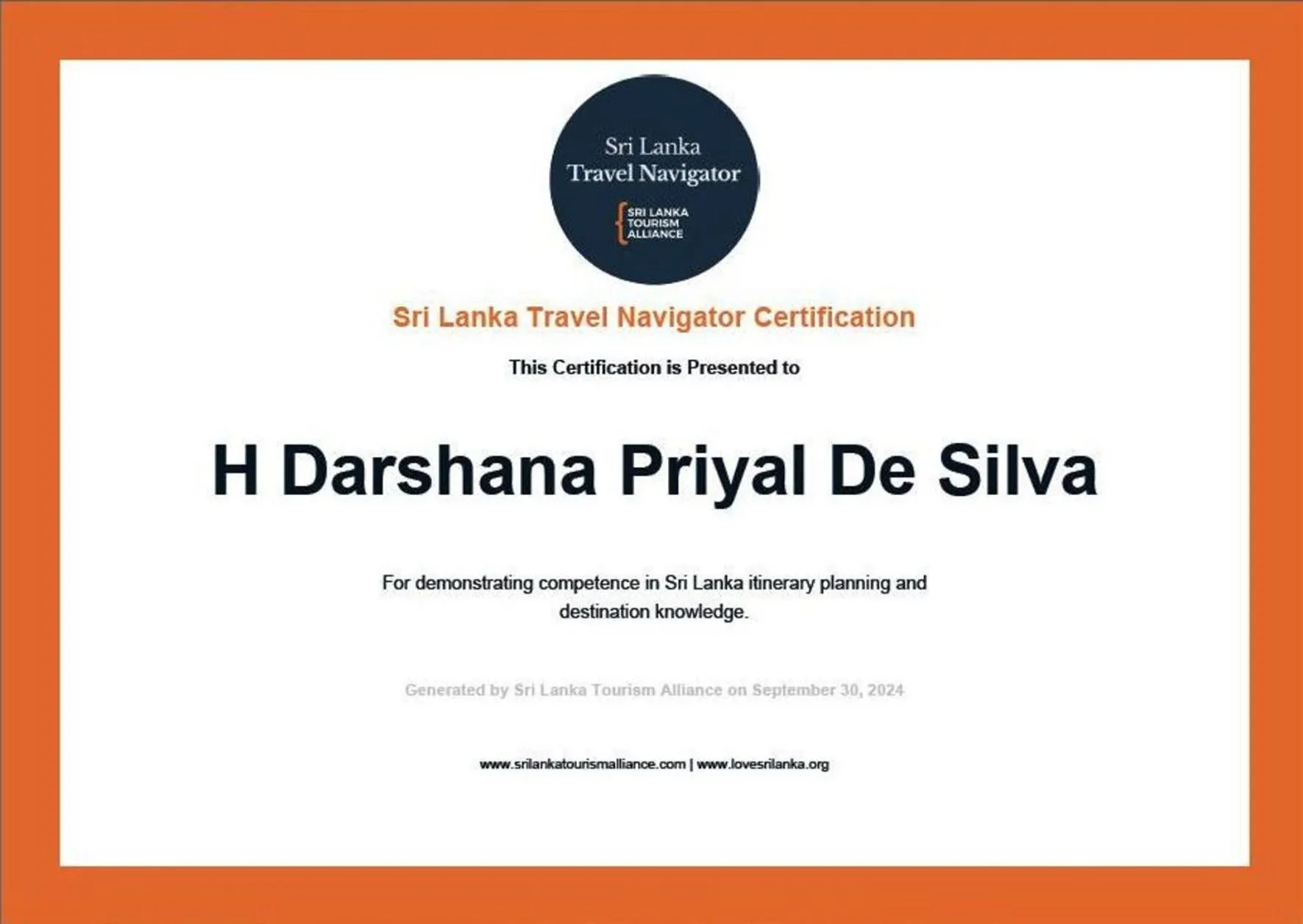 Certificate/Award in Green heaven safari resort Udawalawa