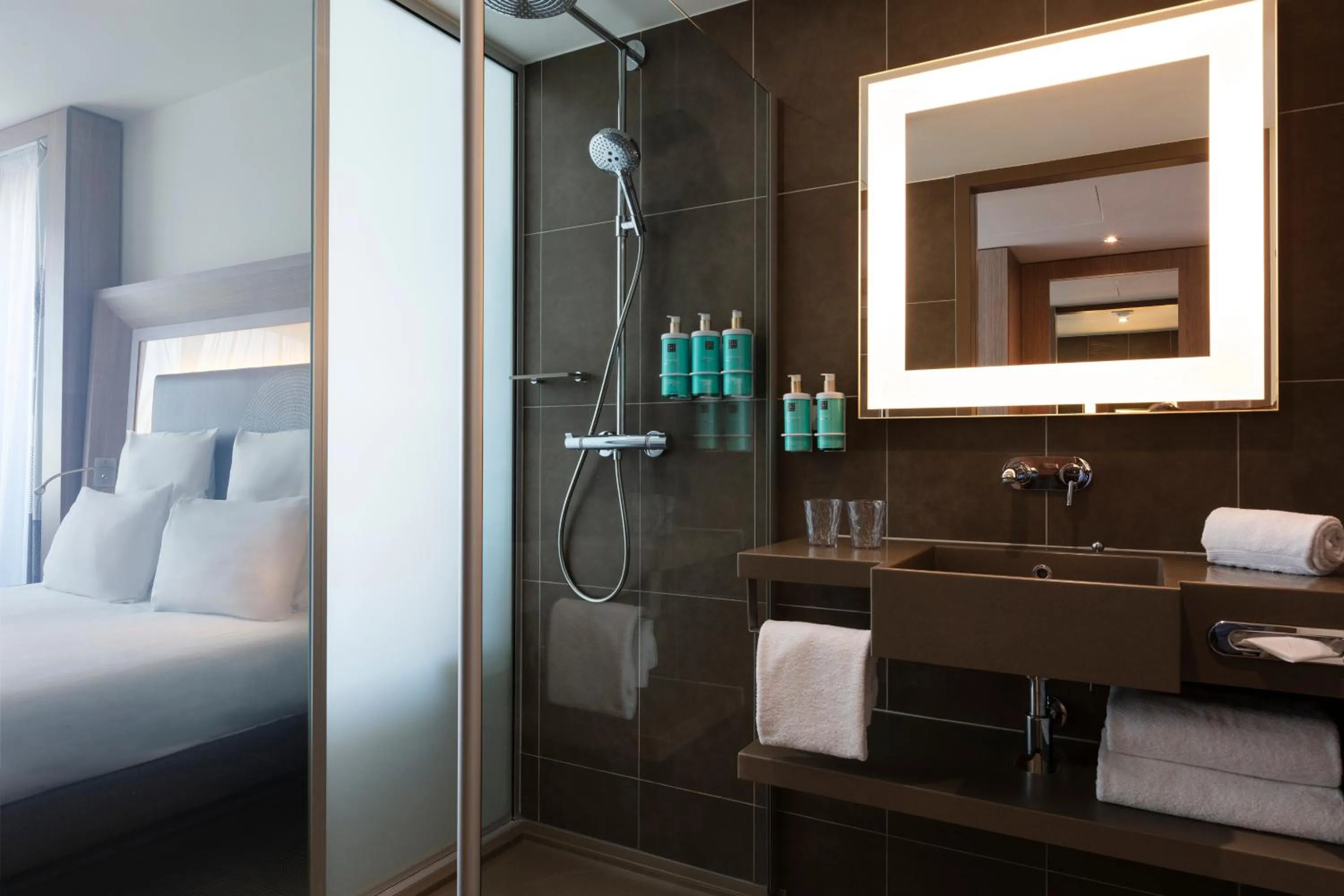 Shower, Bed in Novotel Paris Saint Denis Stade Basilique