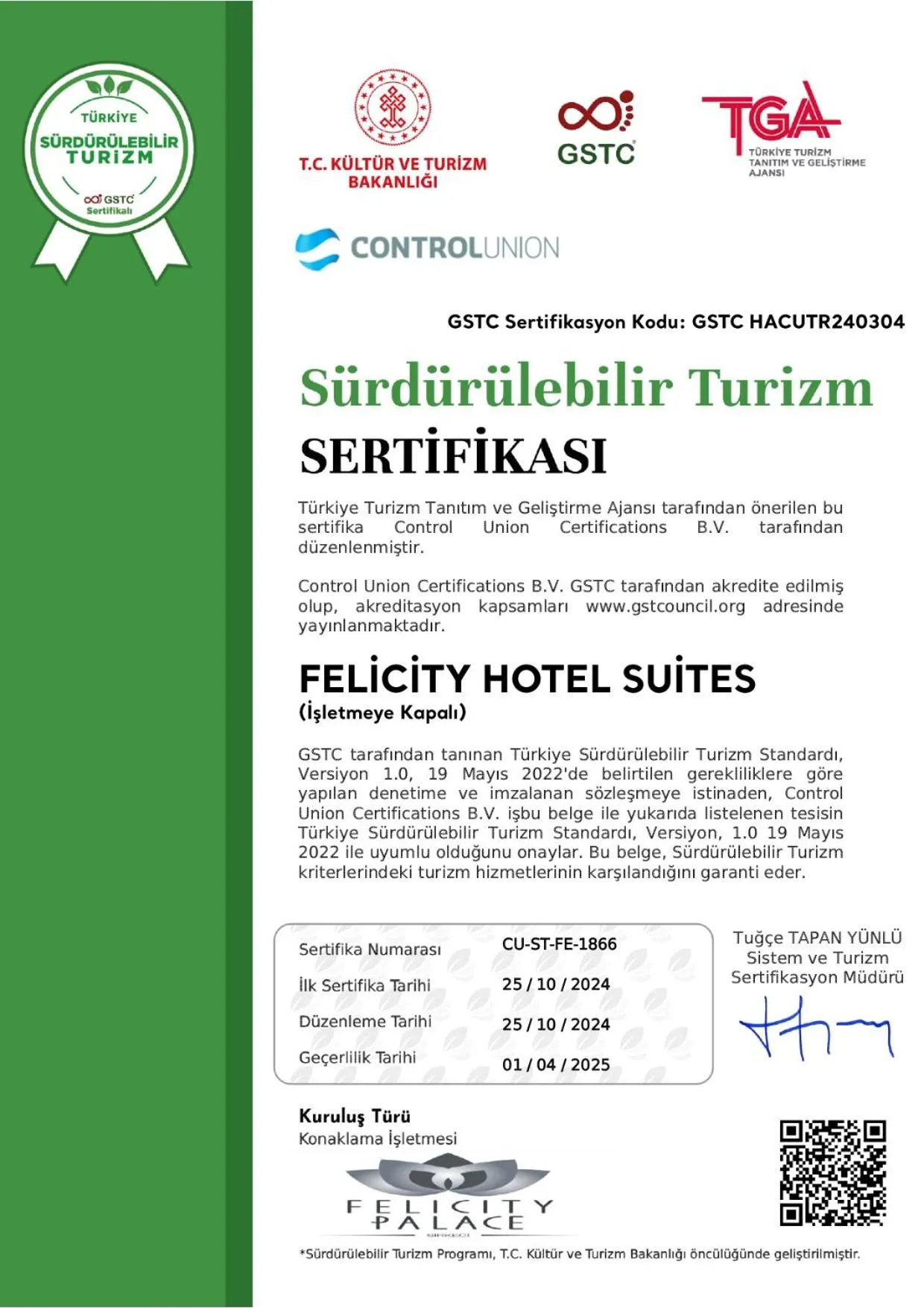 Certificate/Award in Felicity Palace Sirkeci