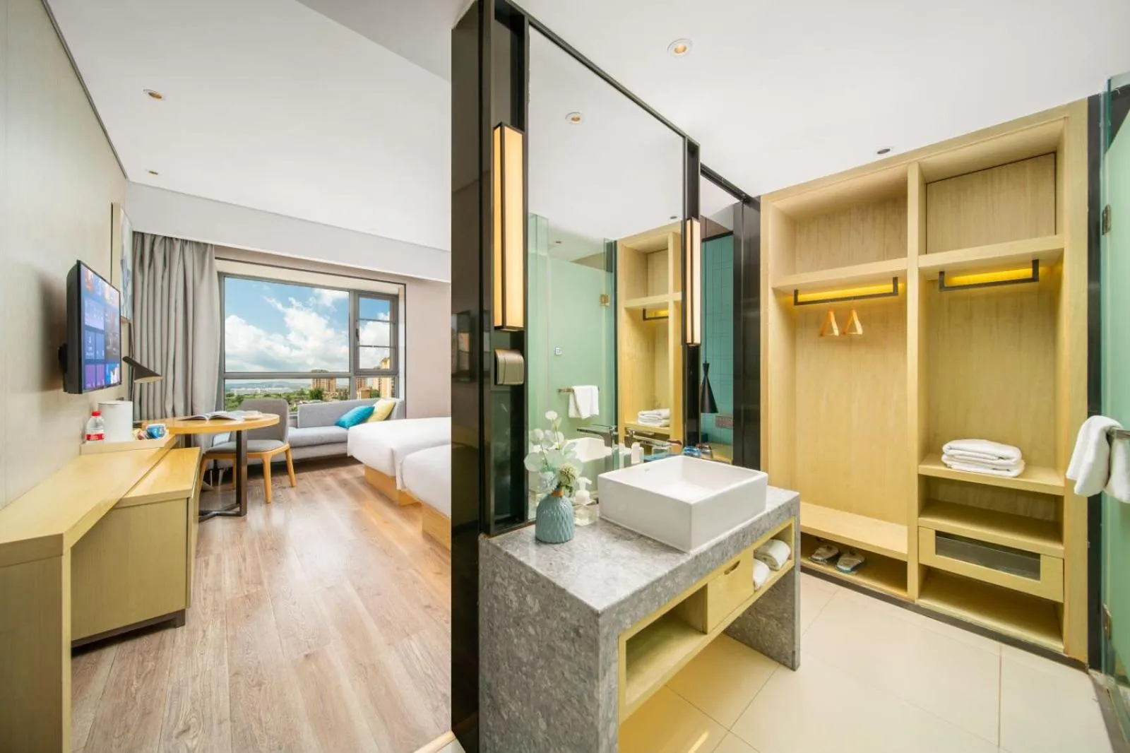 Bathroom, Bed in Echarm Hotel Kunming Changshui International Airport