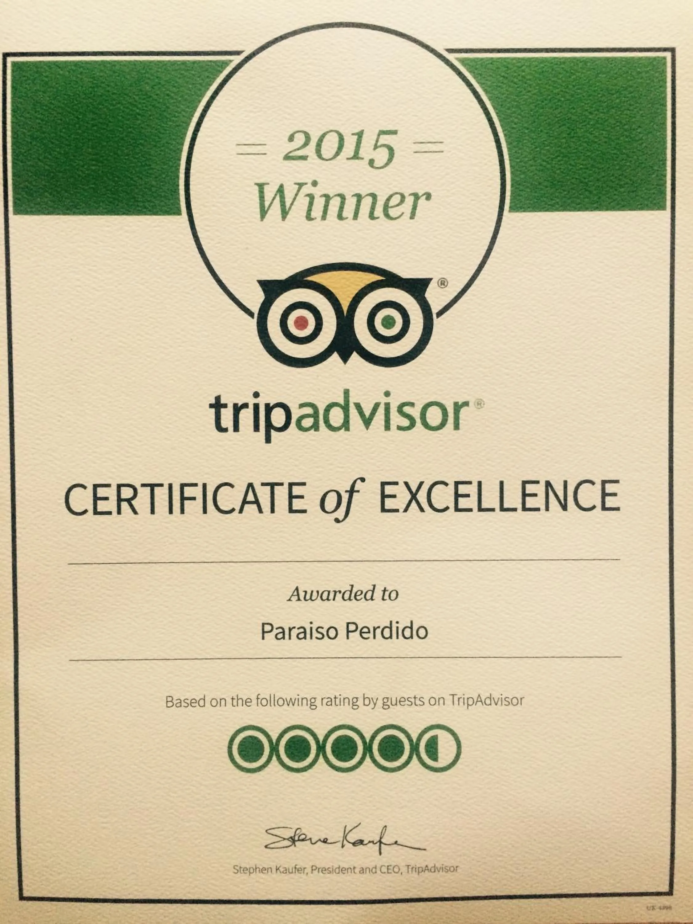 Certificate/Award in Paraiso Perdido