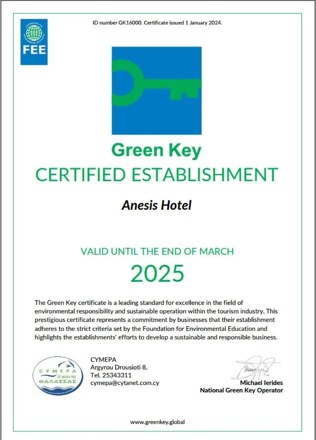 Certificate/Award in Anesis Hotel