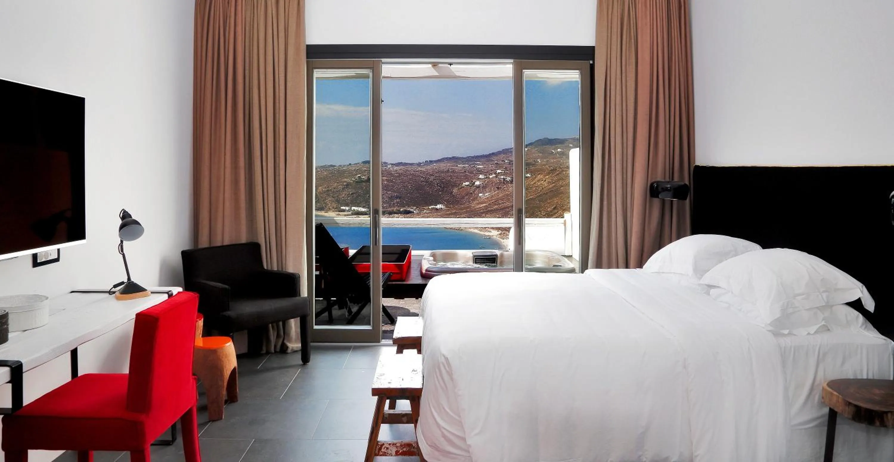 View (from property/room), Bed in Myconian Avaton, a Member of Design Hotels