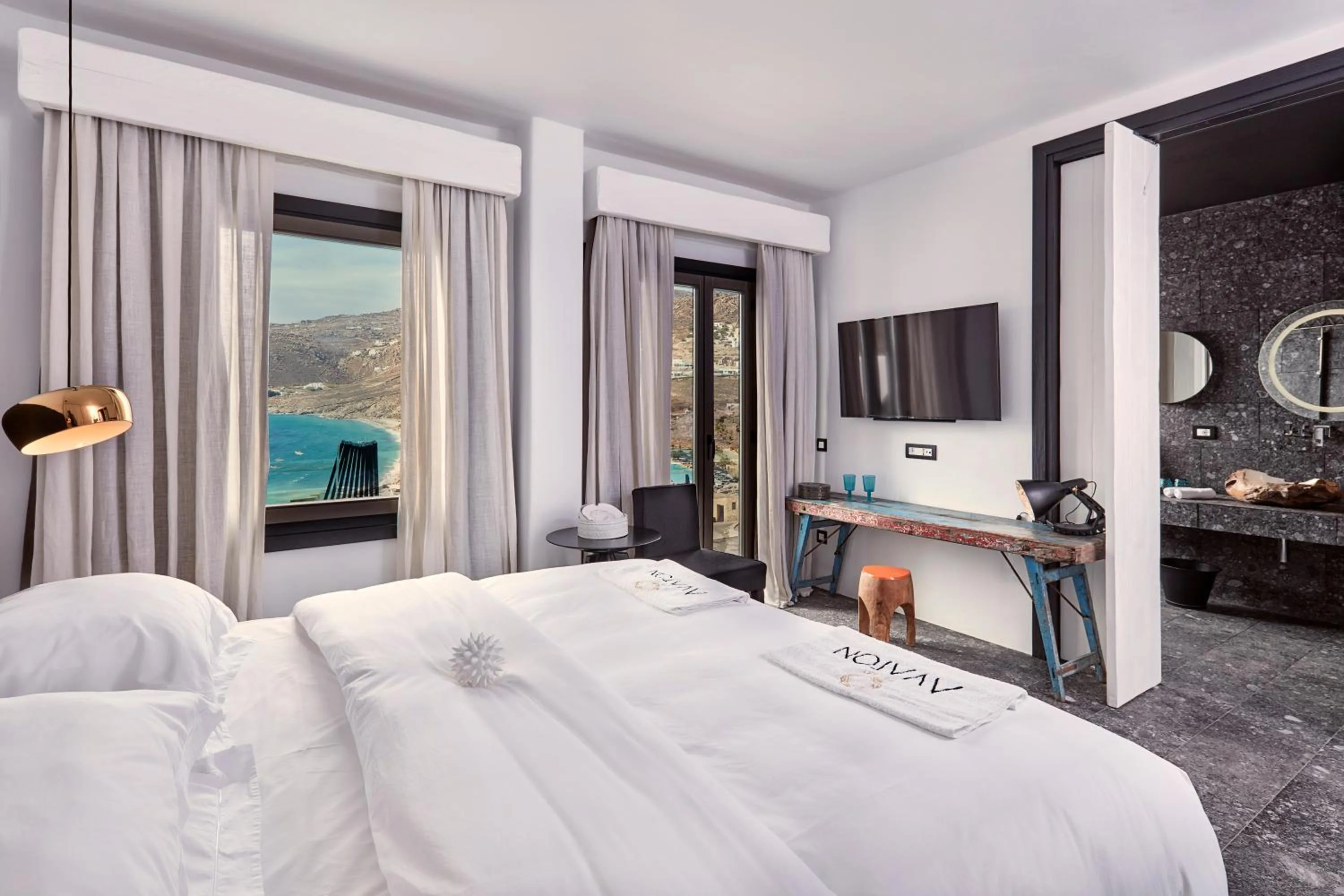 Bed in Myconian Avaton, a Member of Design Hotels