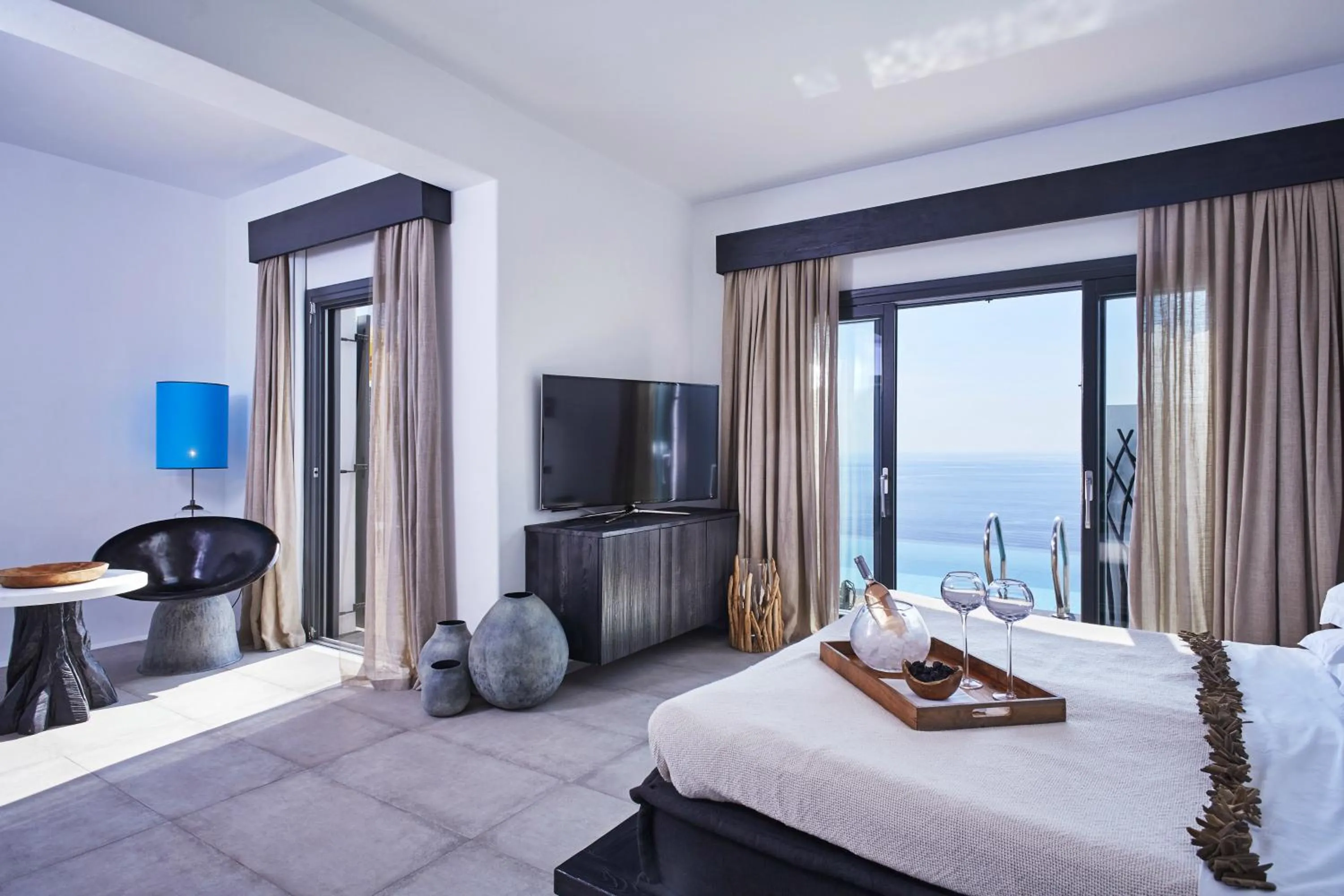 Patio, Bed in Myconian Utopia Relais & Chateaux