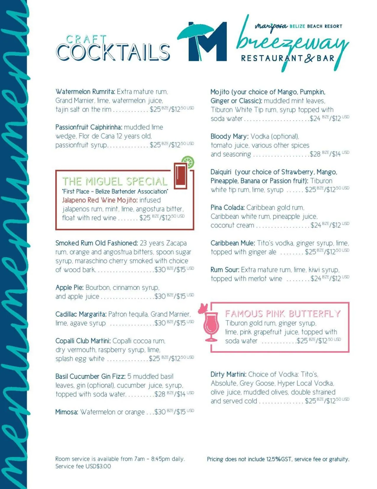 Alcoholic drinks in Mariposa Belize Beach Resort