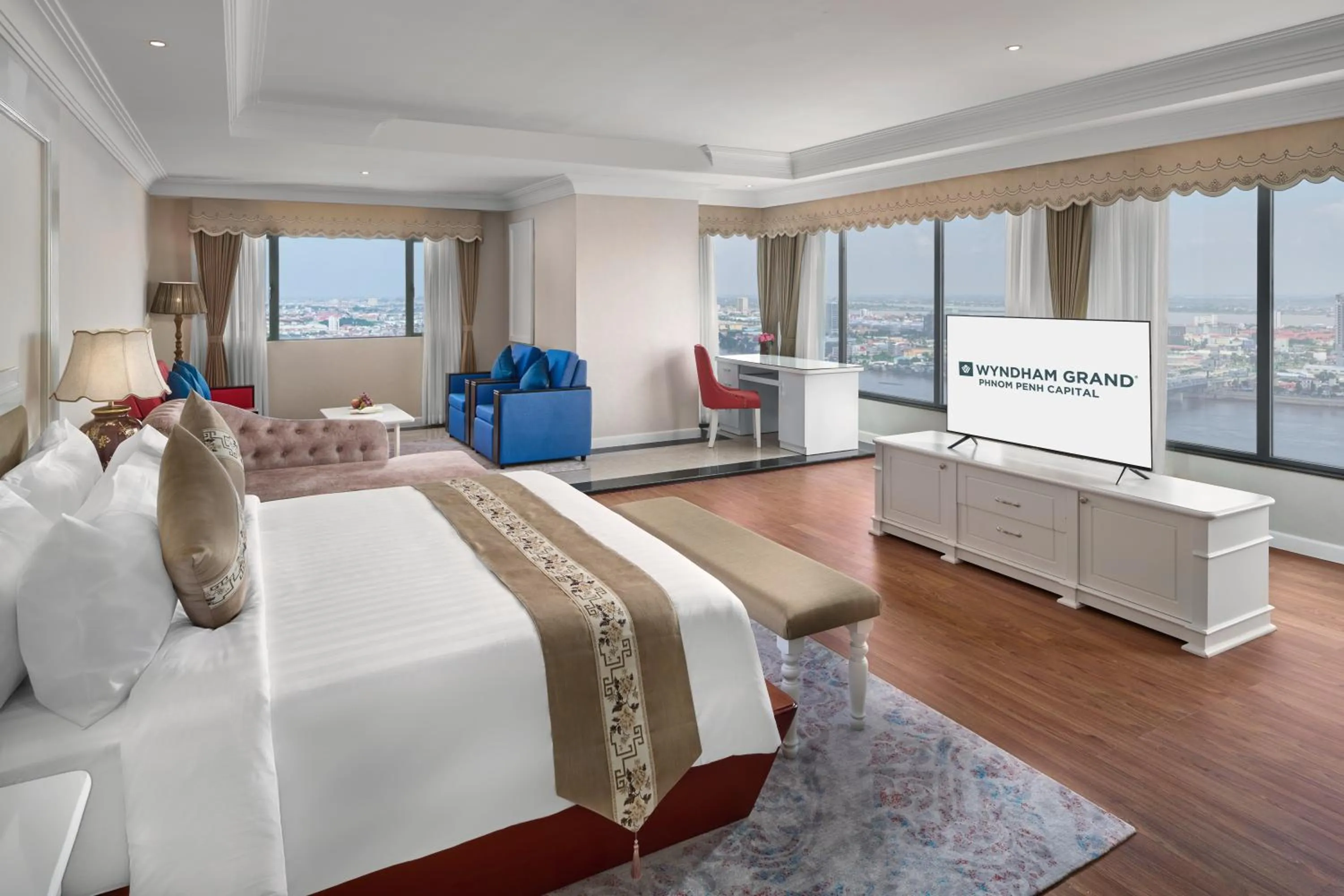 View (from property/room), Bed in Wyndham Grand Phnom Penh Capital