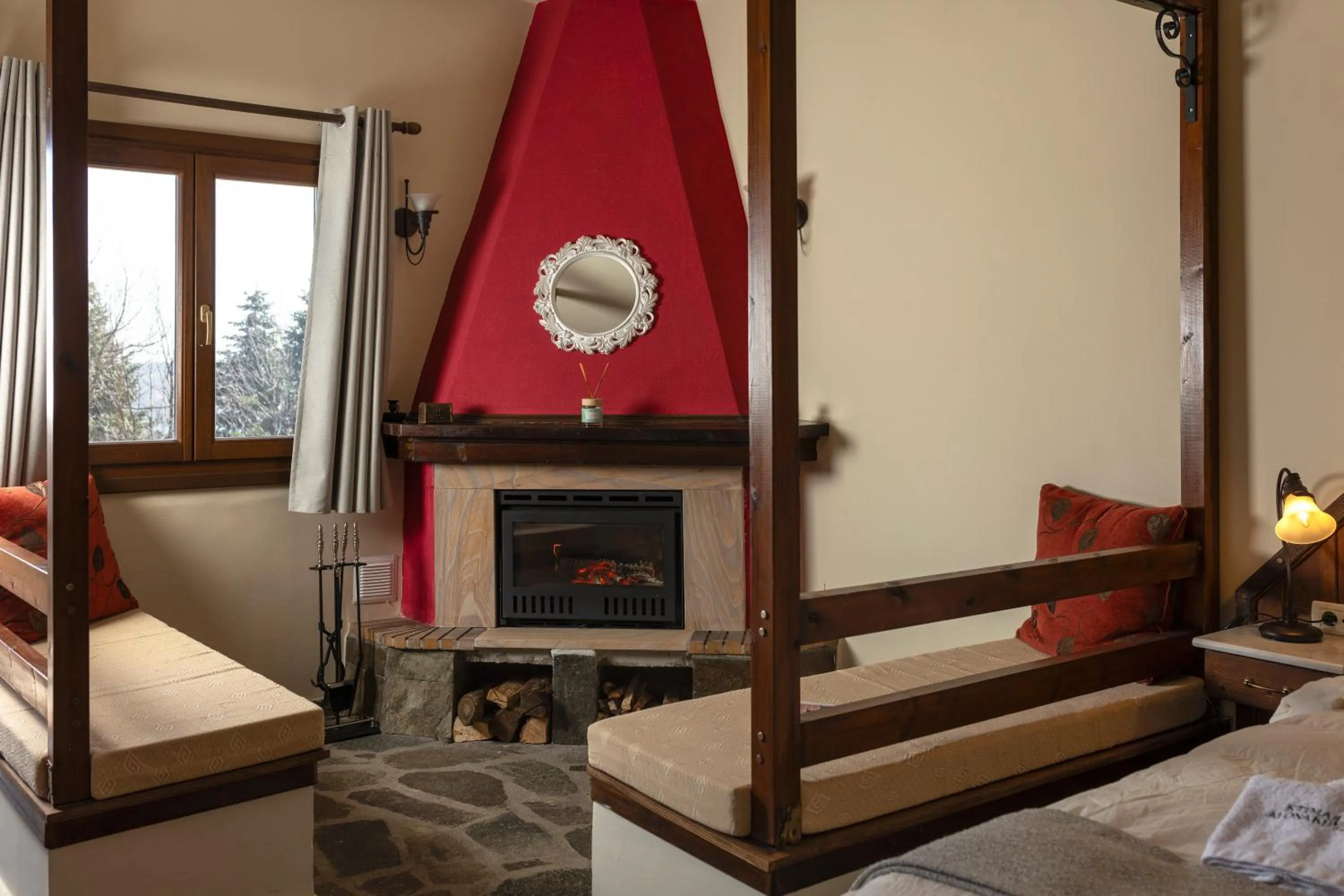 fireplace, Bed in Ktima Alonaki