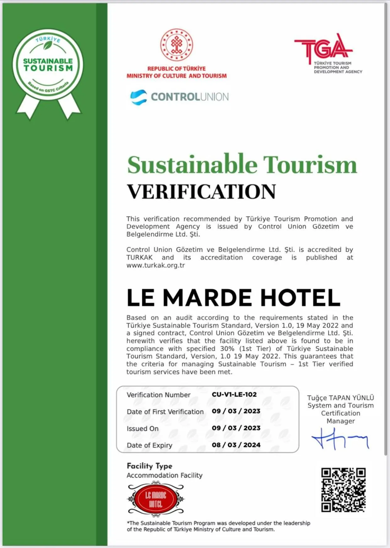 Certificate/Award in Le Marde Hotel
