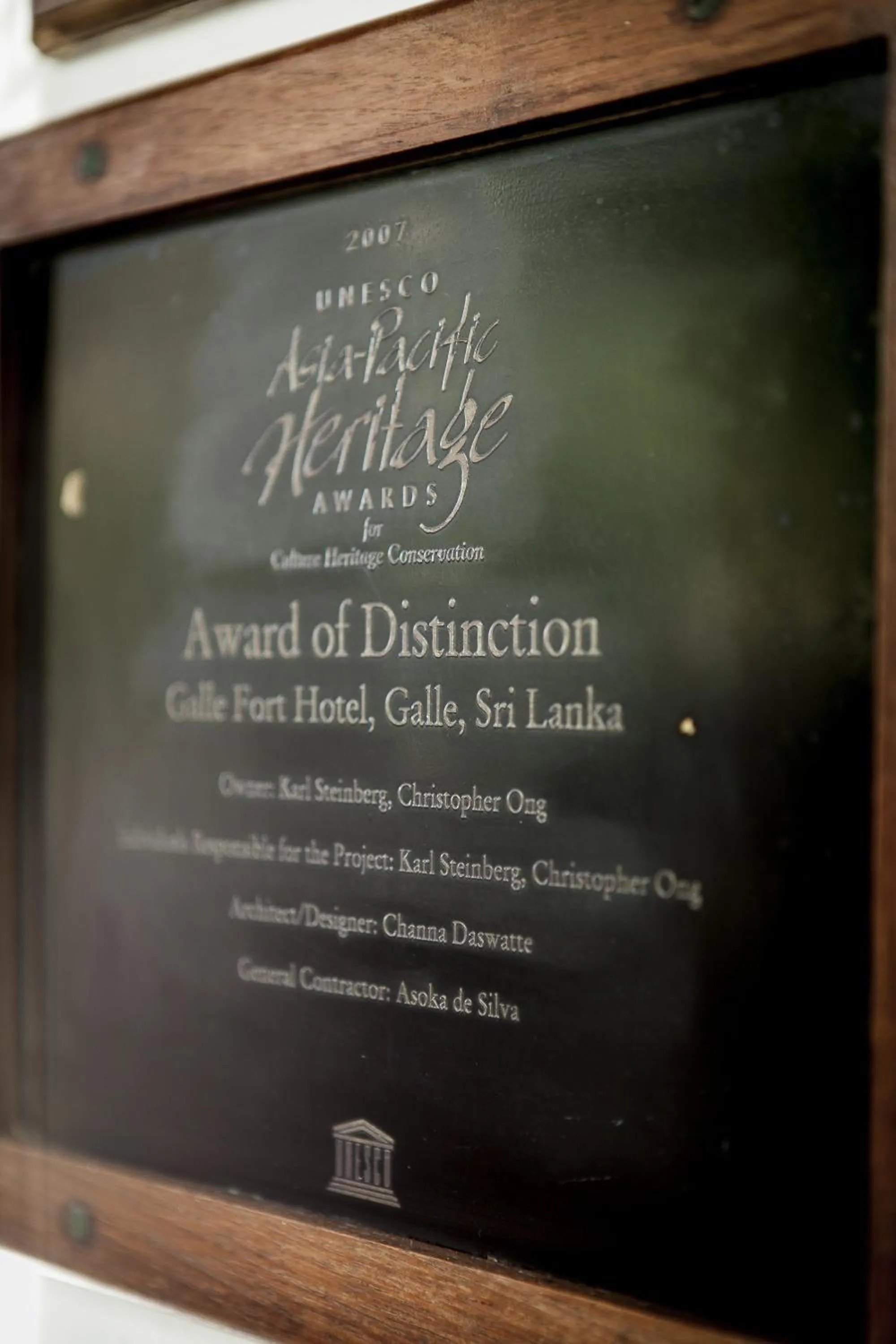 Certificate/Award in Galle Fort Hotel