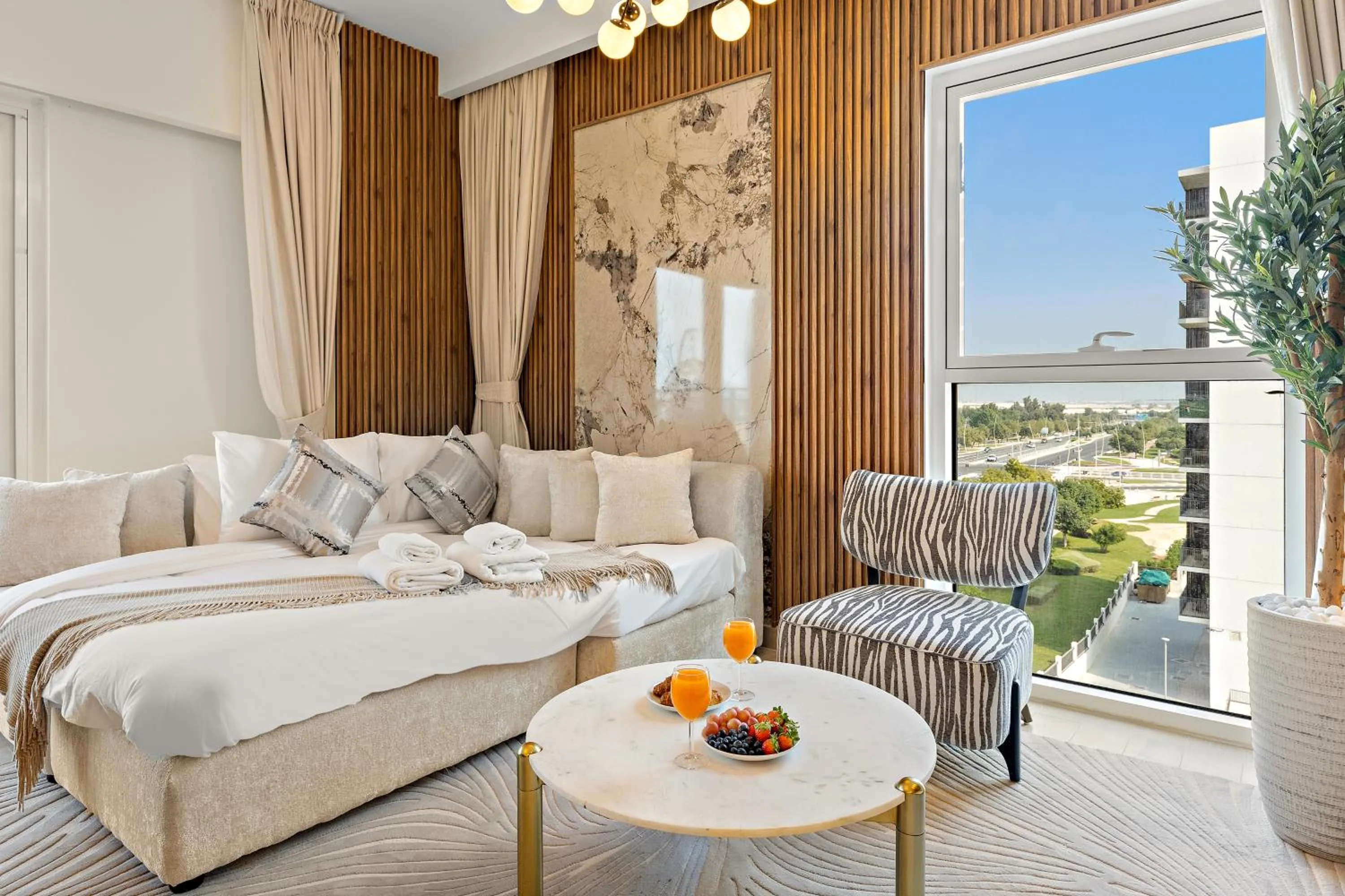 Living room, Bed in Desert Key - Perfectly Located Yas Island Premier Apts