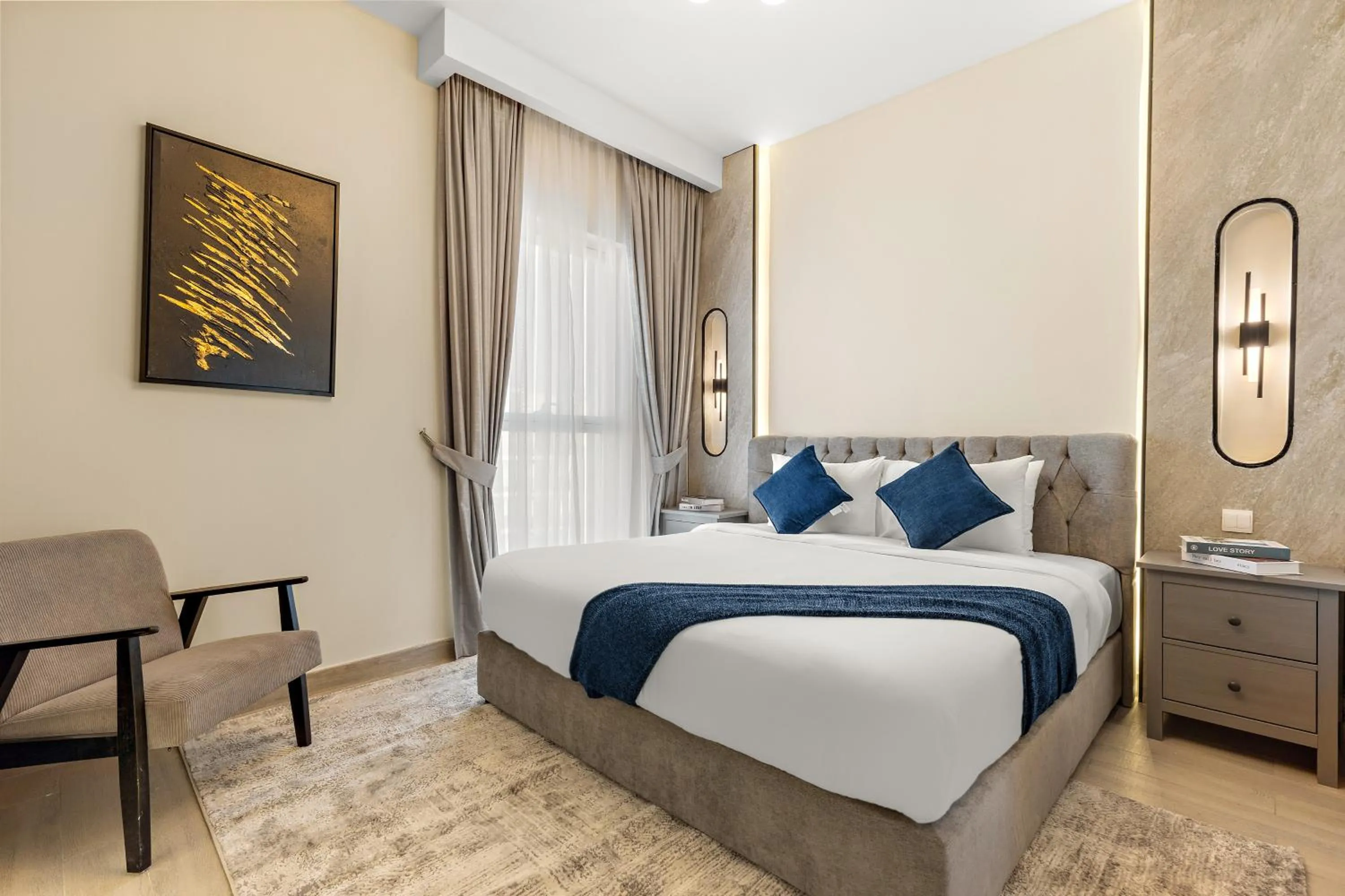 Bedroom, Bed in Desert Key - Perfectly Located Yas Island Premier Apts