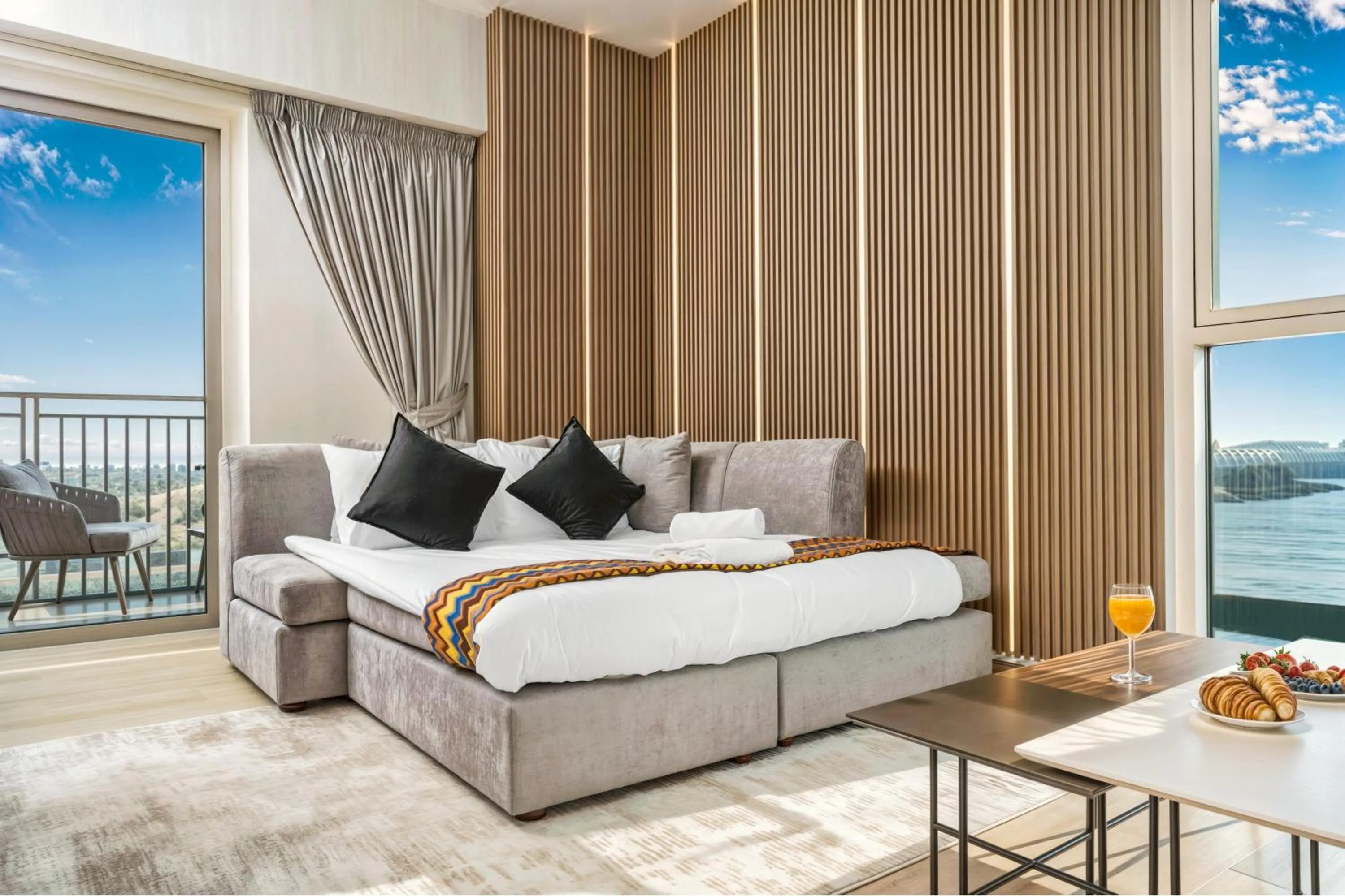 Living room, Bed in Desert Key - Perfectly Located Yas Island Premier Apts