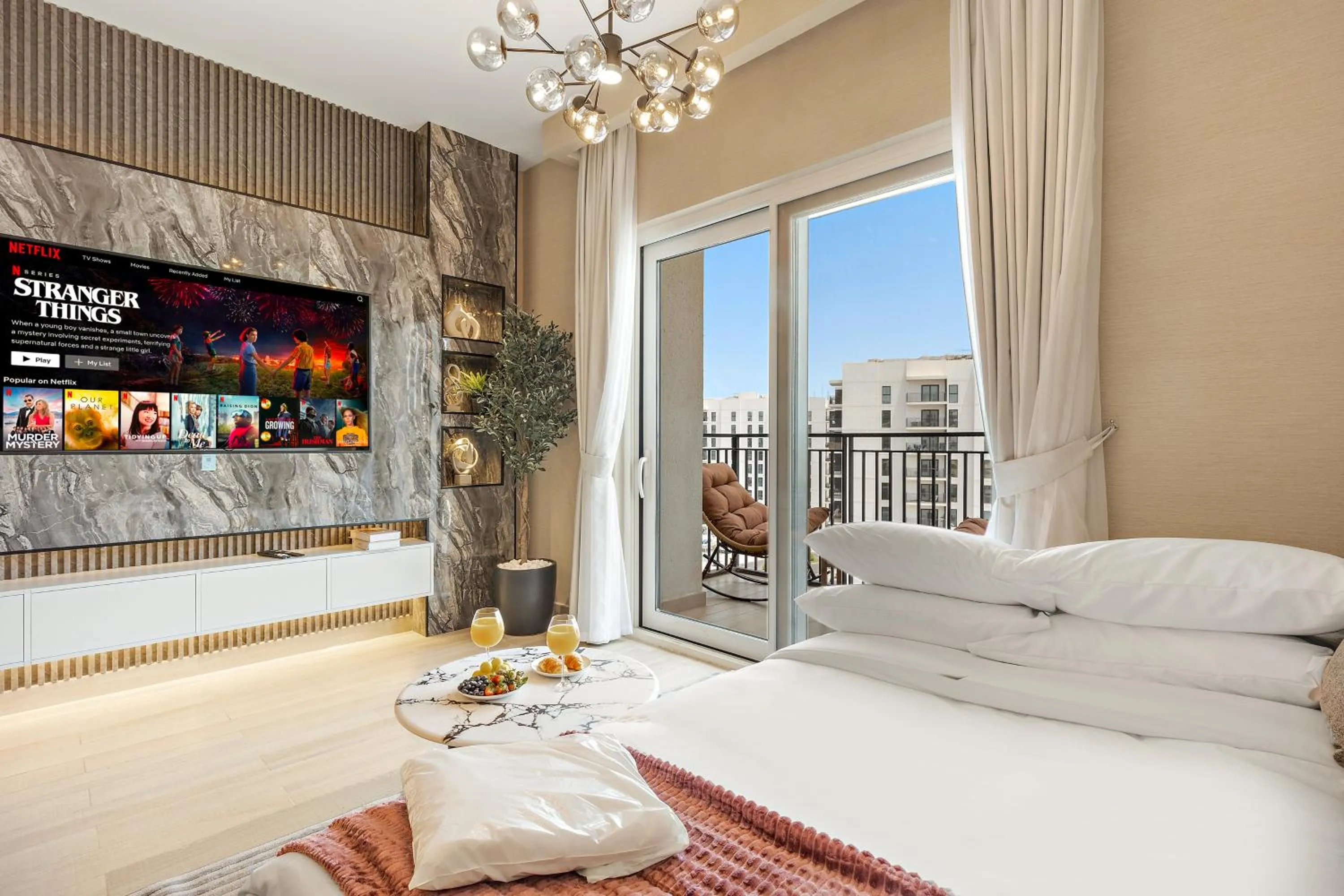 Living room, Bed in Desert Key - Perfectly Located Yas Island Premier Apts