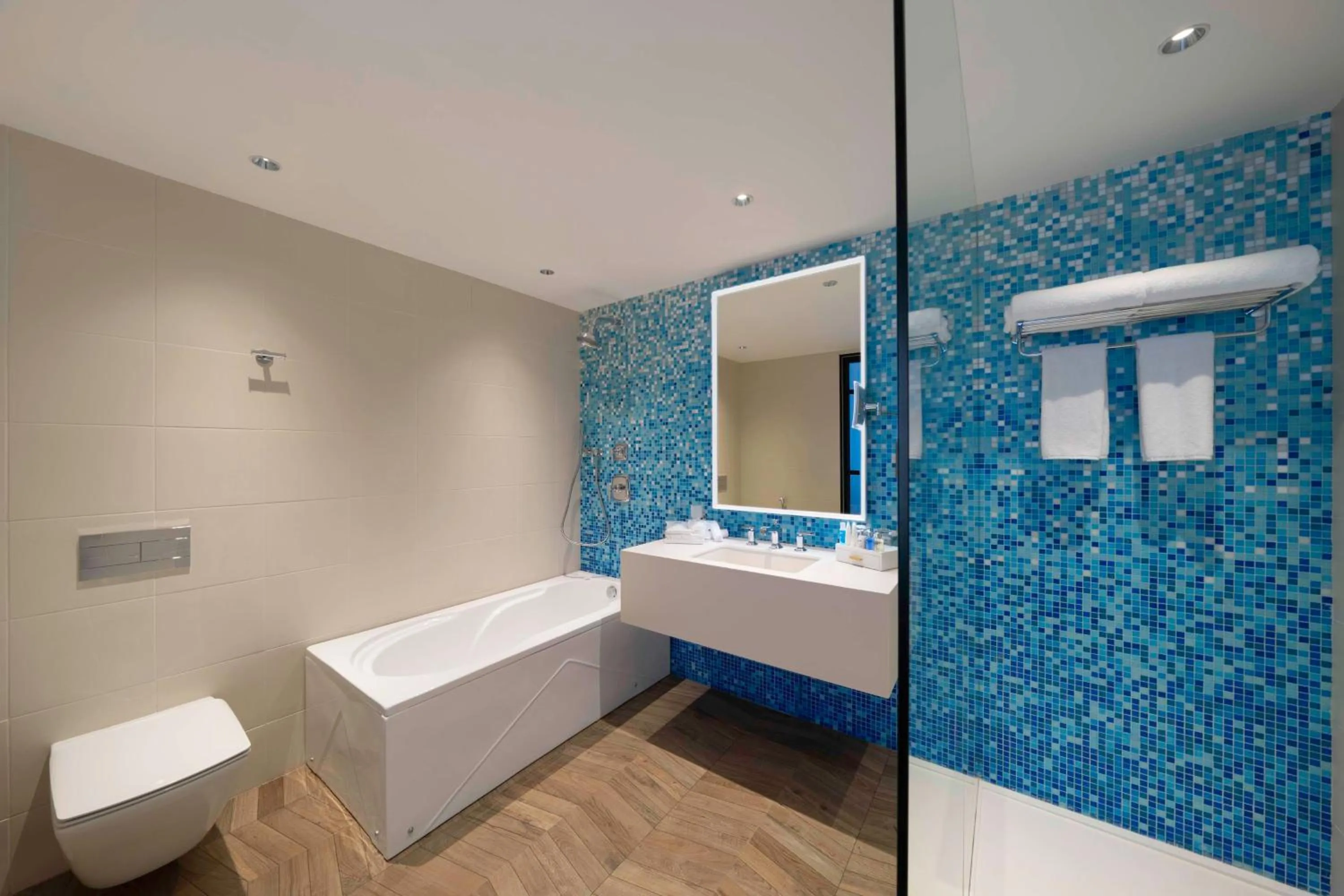 Bathroom, Bed in Radisson Blu Hotel, Riyadh Al Sahafa