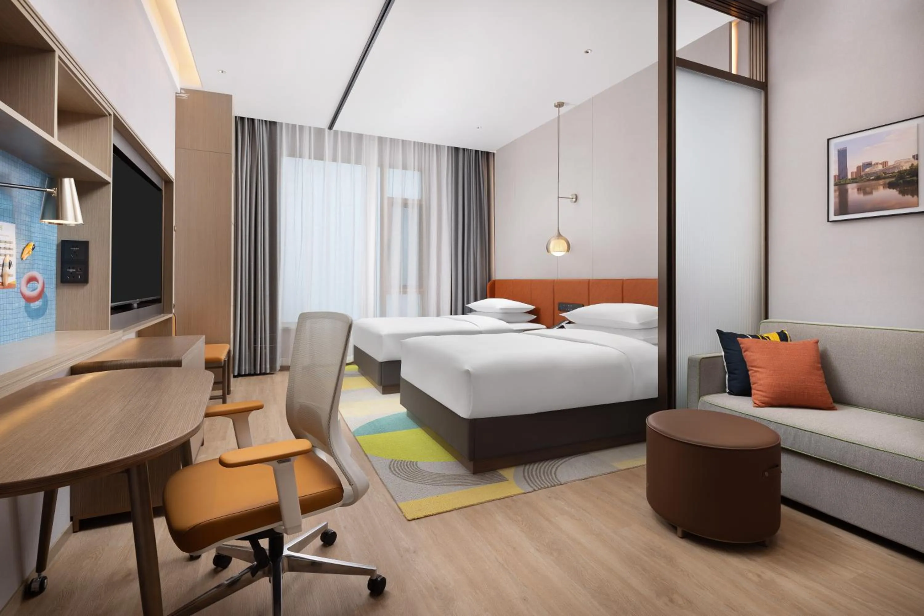 Seating area, Bed in Home2 Suite by Hilton Fuyang Taihe