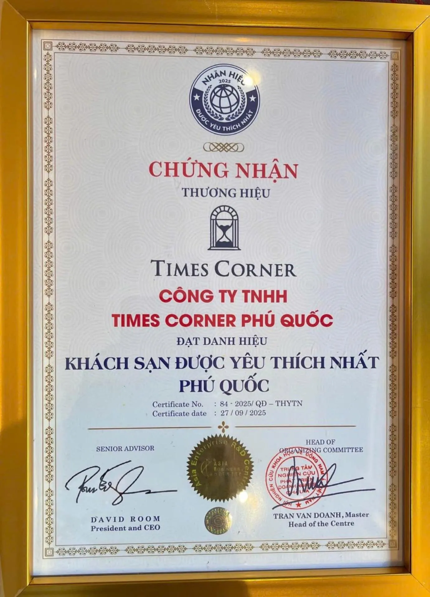 Certificate/Award in Times Corner Amalfi Hotel