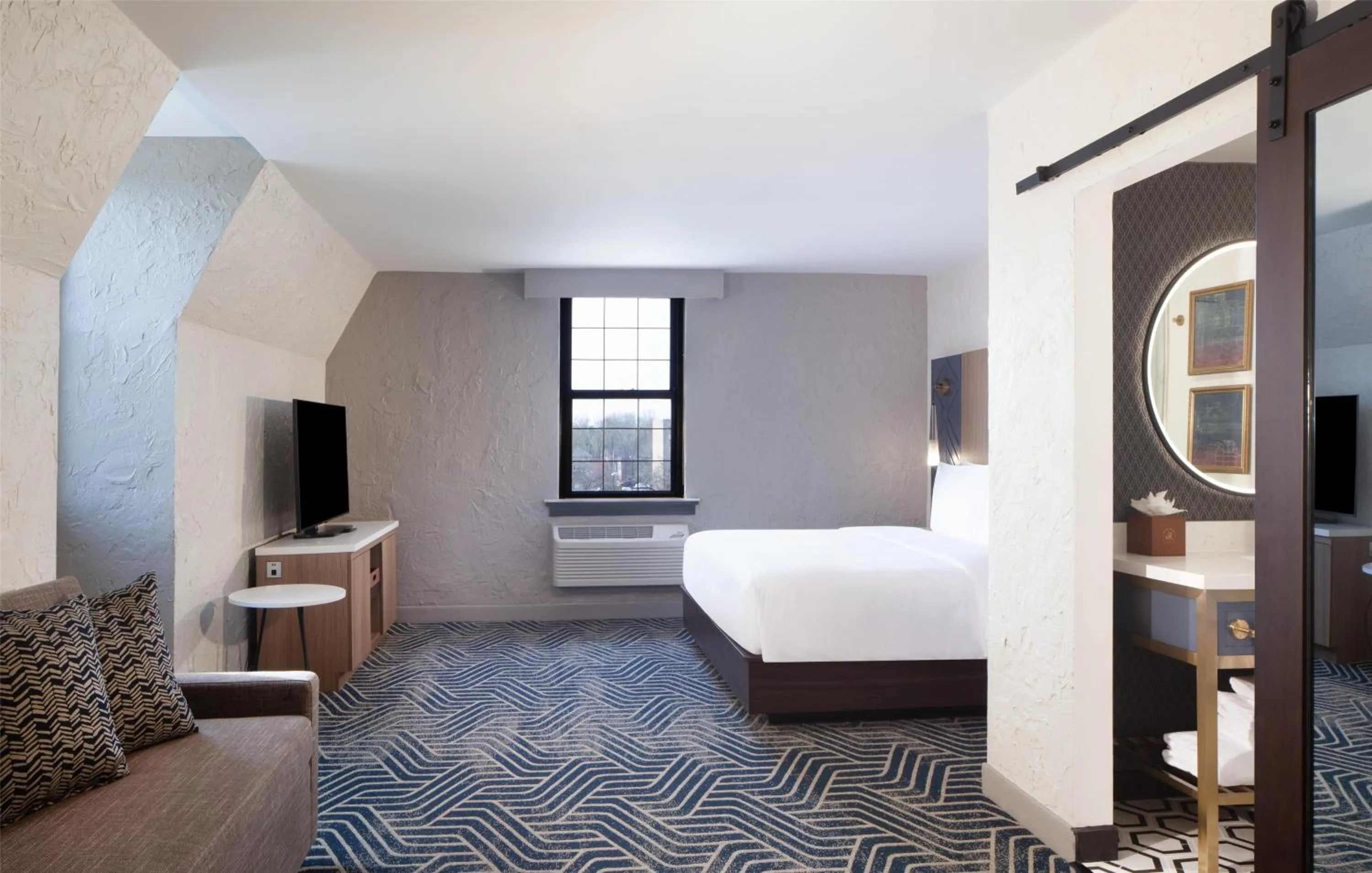 Bed in Hotel Royer Urbana Champaign, Tapestry Collection by Hilton