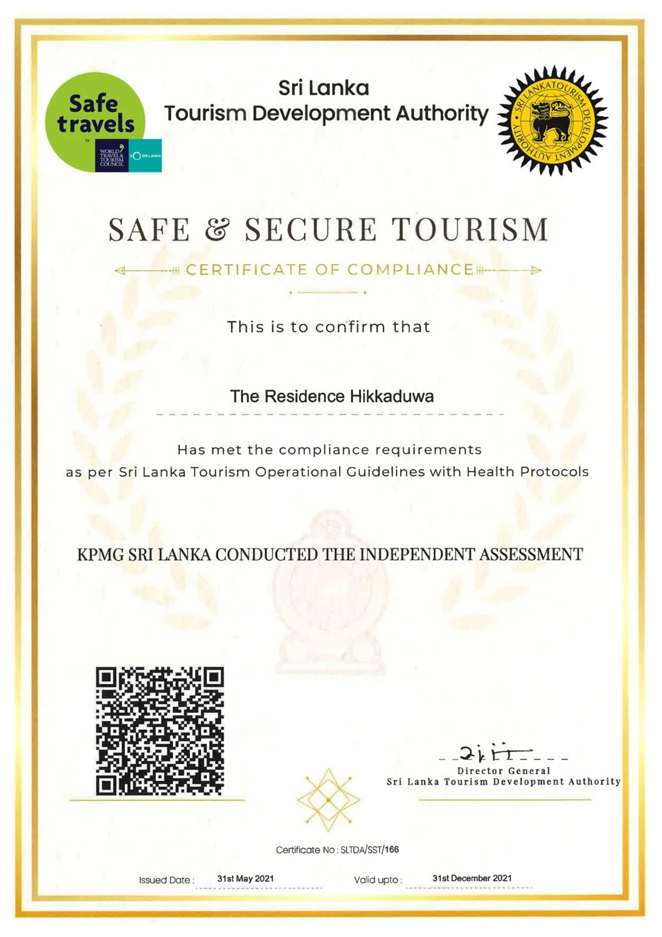 Certificate/Award in The Residence Hikkaduwa