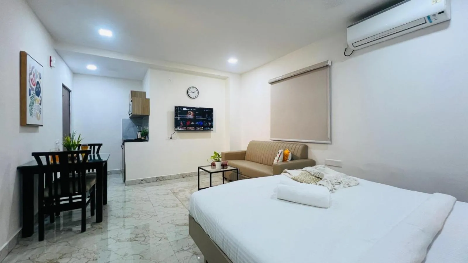 Dining area, Bed in Olive Serviced Apartments - HICC Hitex Hyderabad