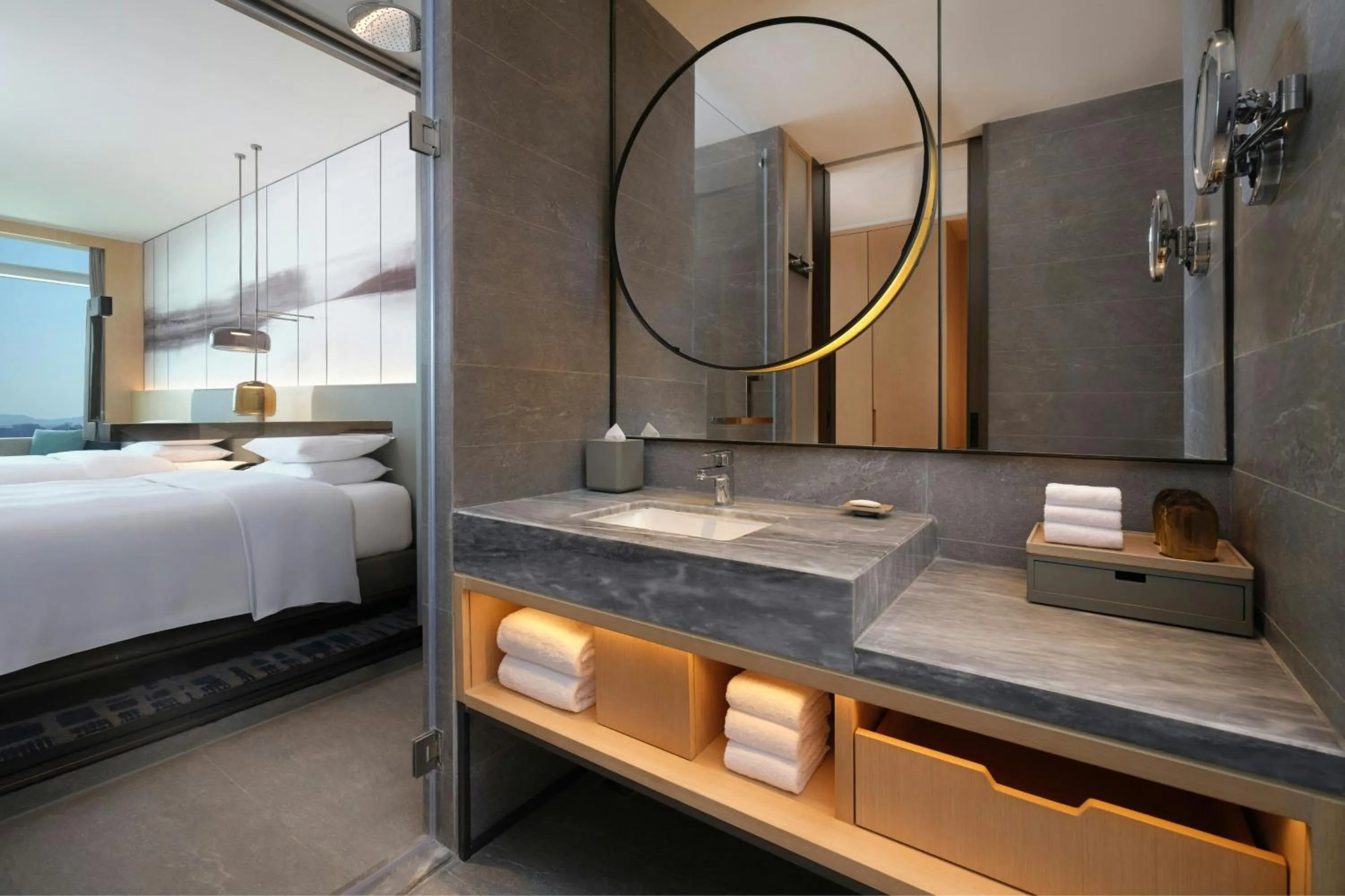 Bathroom, Bed in Courtyard by Marriott Guangzhou Pazhou