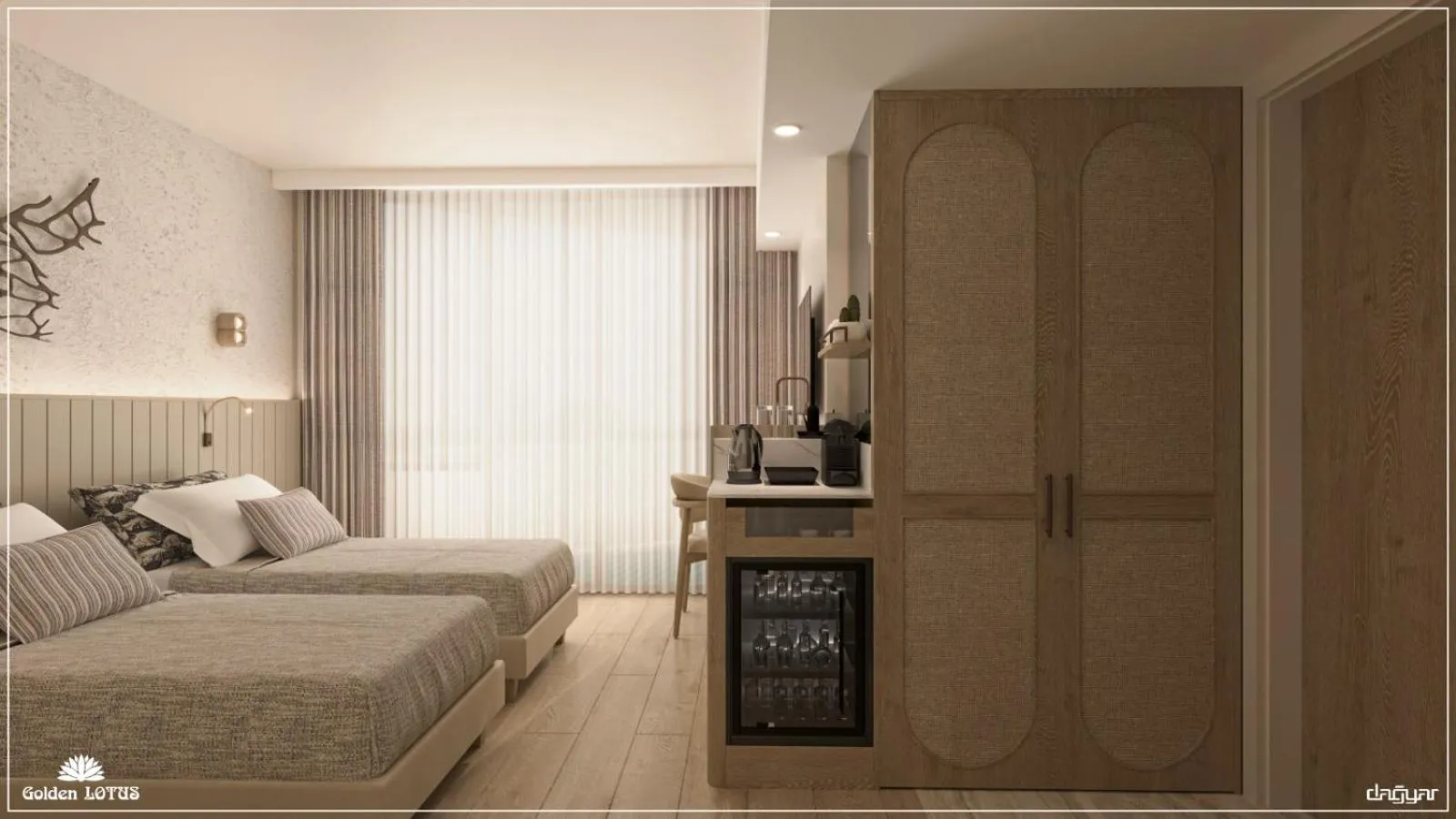 Coffee/tea facilities, Bed in Golden Lotus Hotel