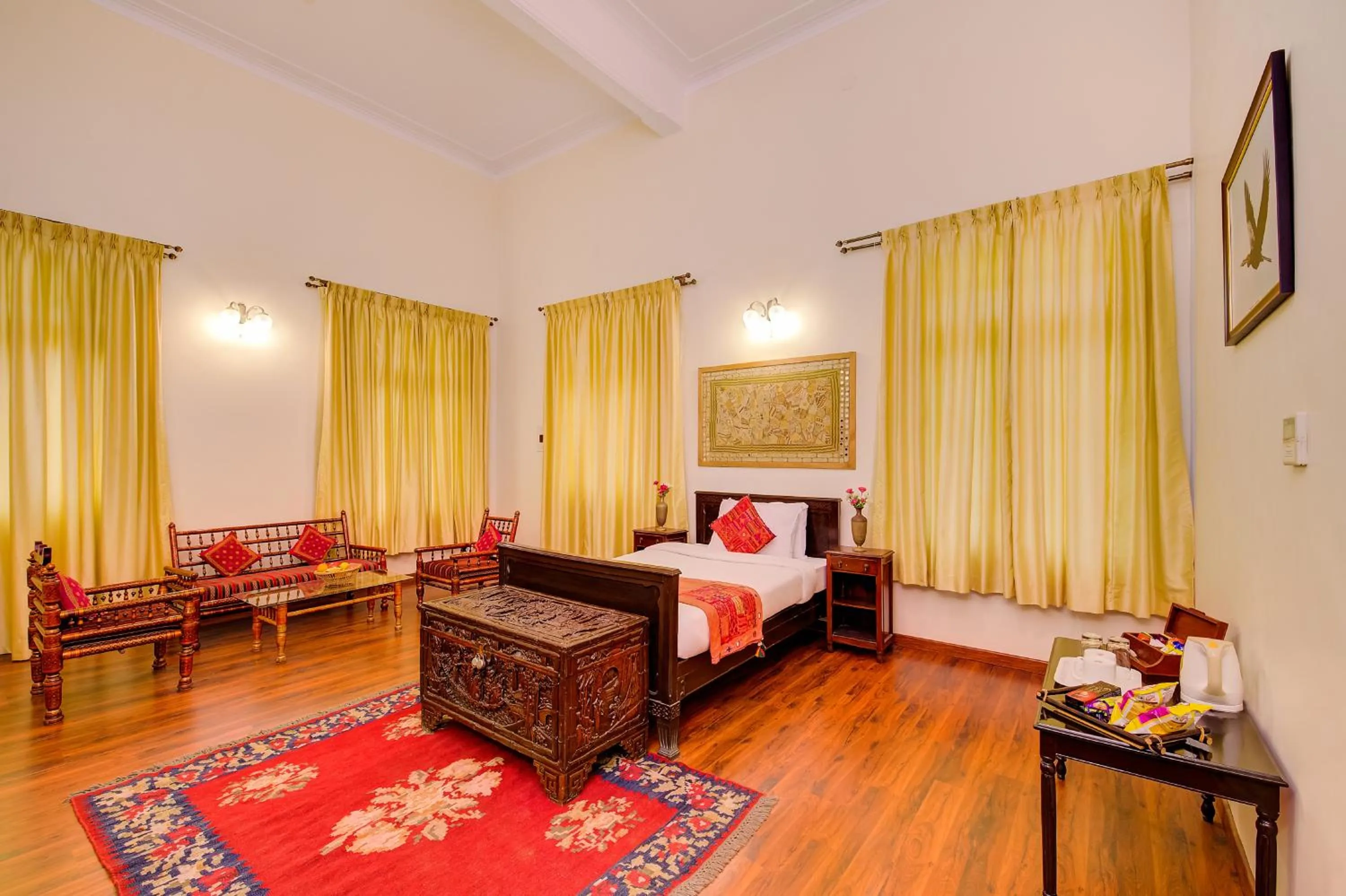 Bedroom, Bed in WelcomHeritage Shivavilas Palace, HAMPI