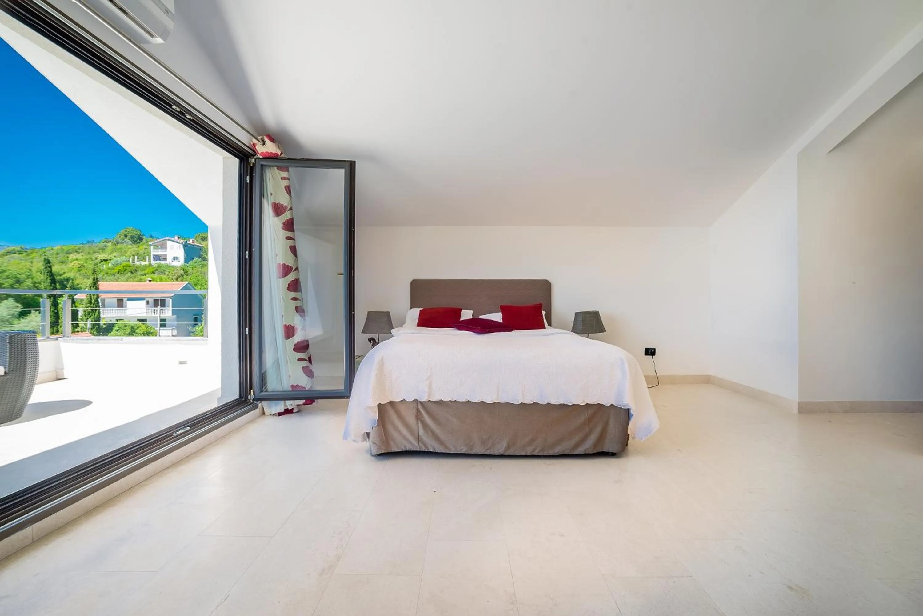Balcony/Terrace, Bed in Villa Luštica, Spacious 4-Bedroom Villa with Private Pool