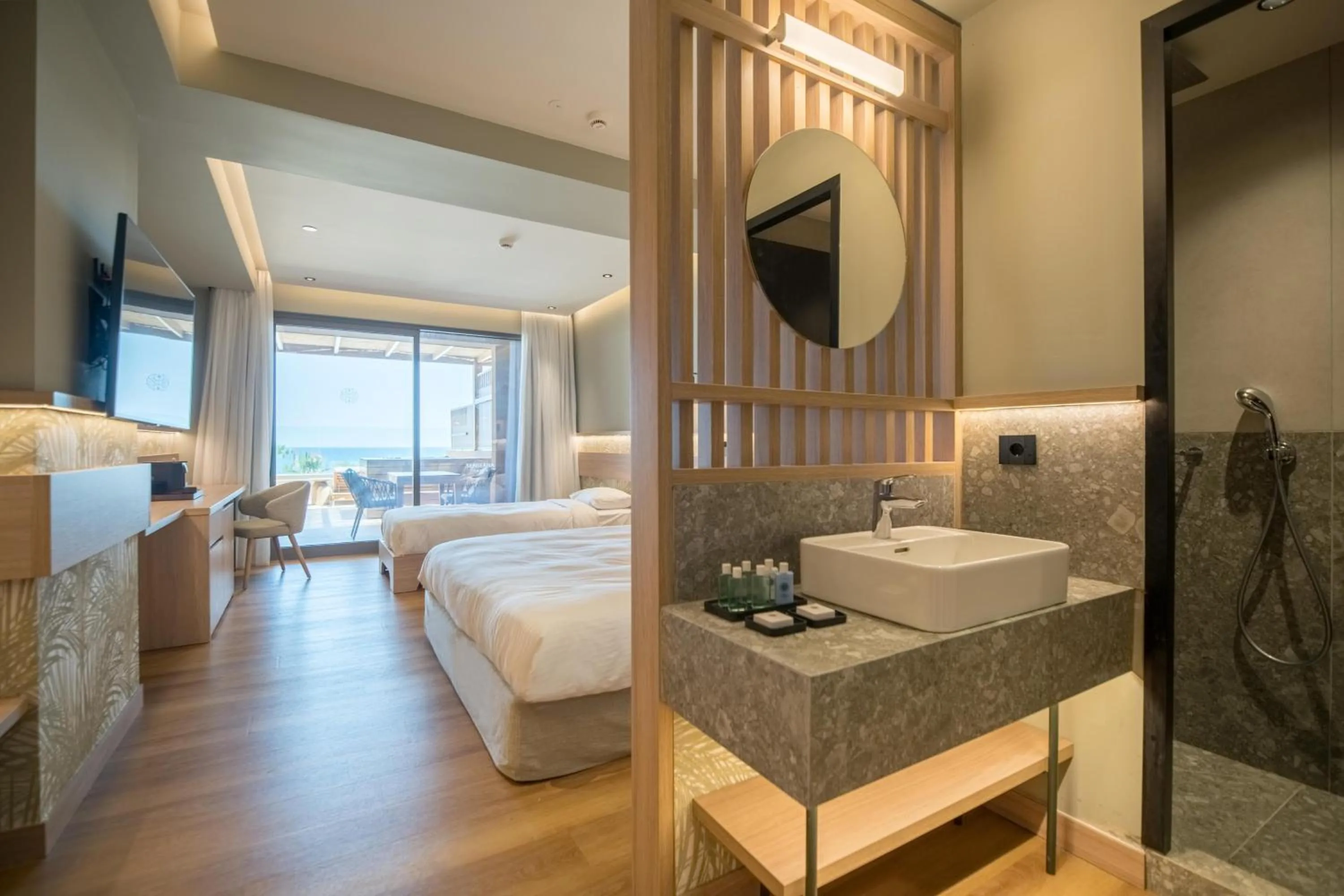 Bathroom, Bed in SENSEANA Sea Side Resort & Aquadventure