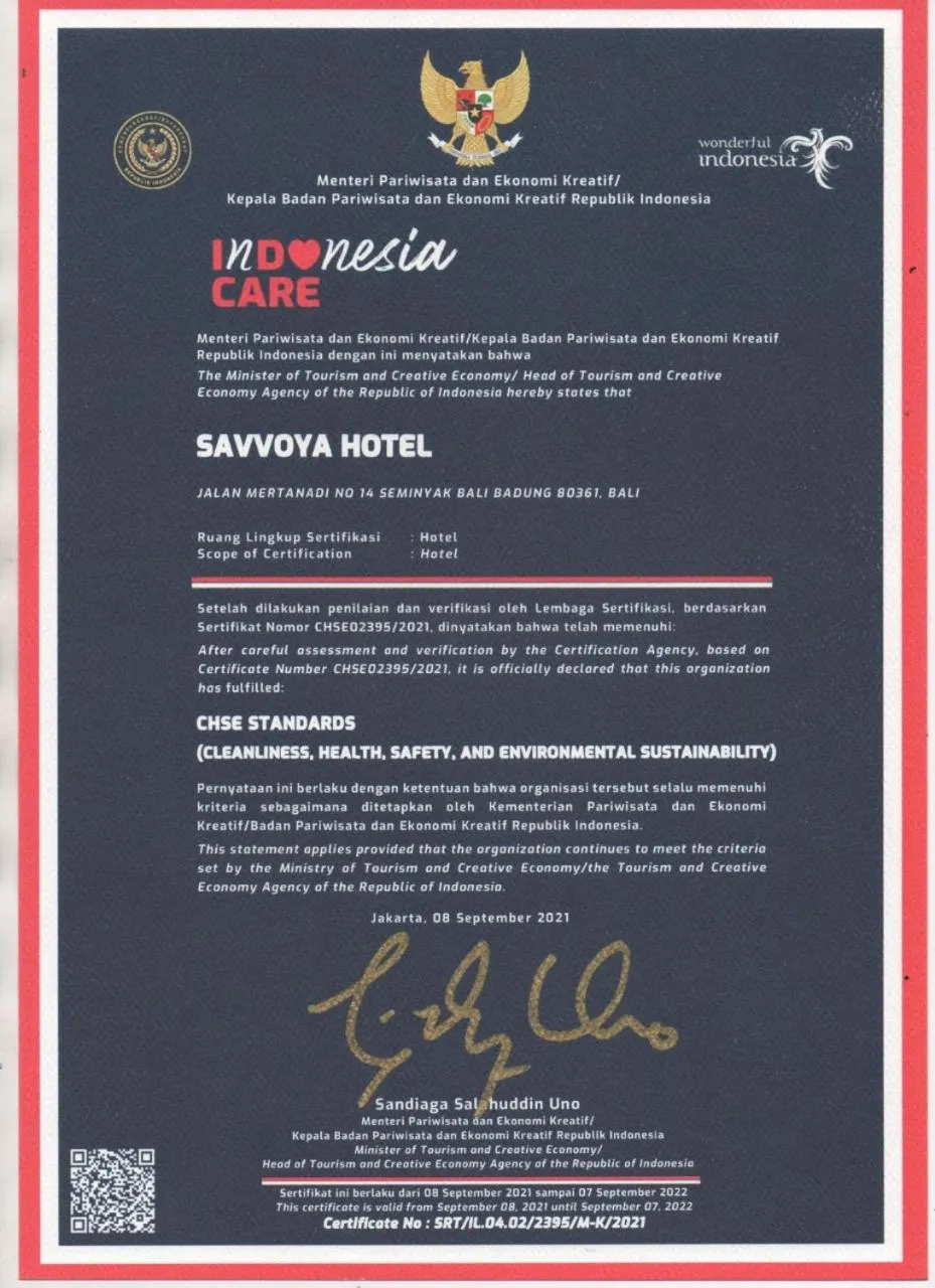 Certificate/Award in Savvoya Hotel Seminyak