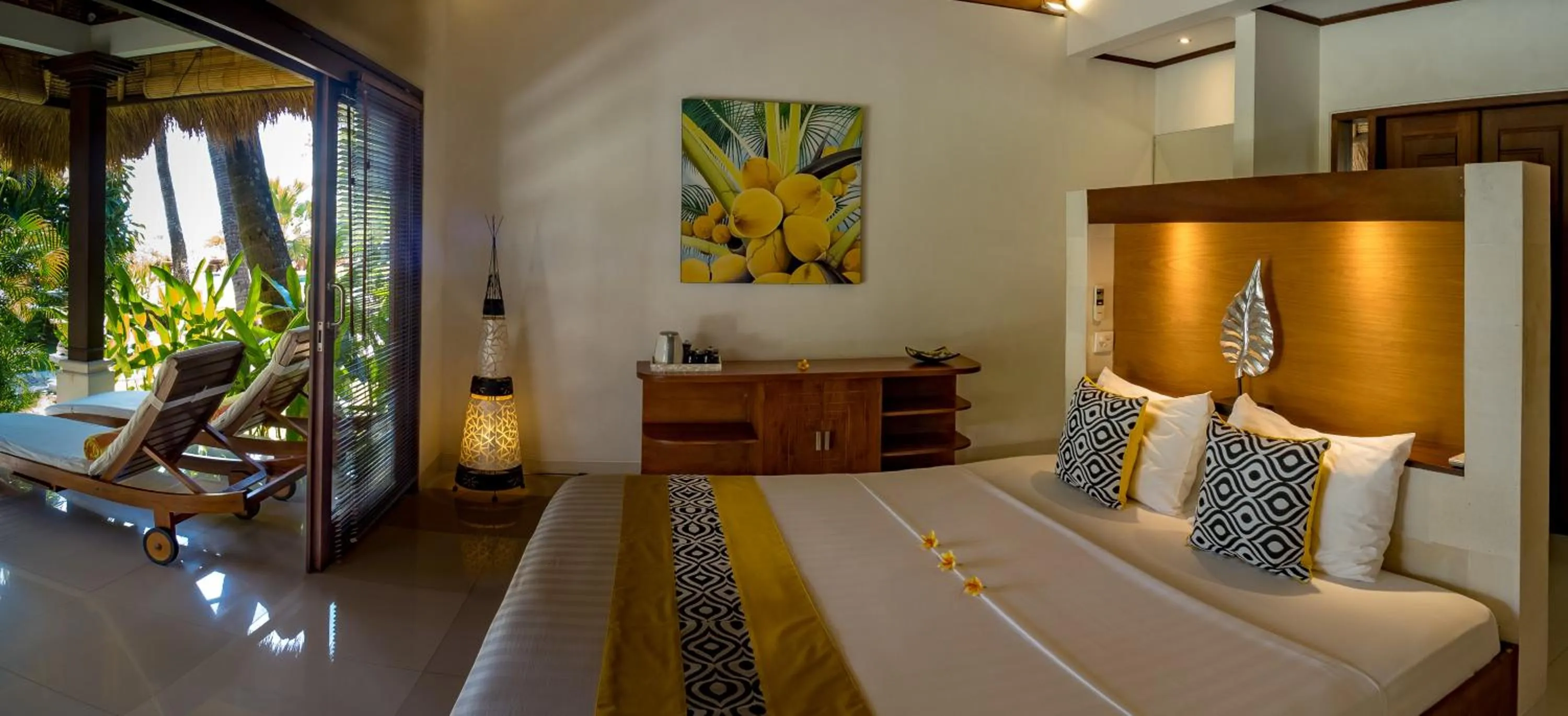 Balcony/Terrace, Bed in Palm Garden Amed Beach & Spa Resort Bali