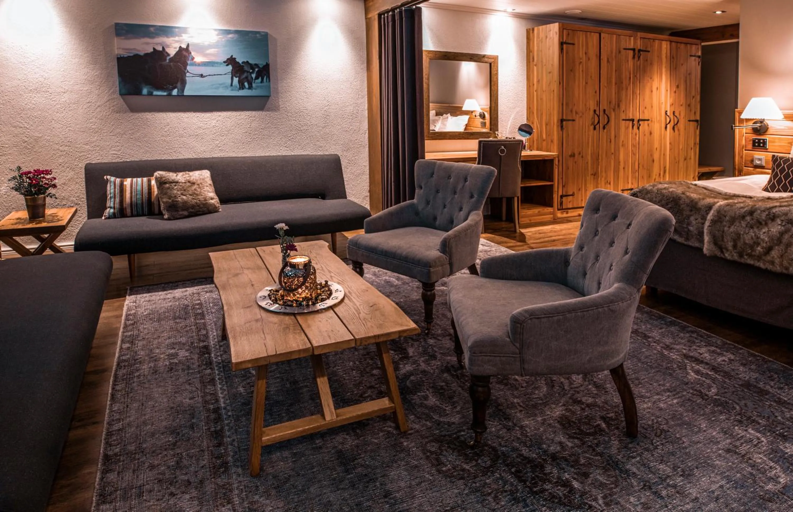 Seating area, Bed in Beana Laponia - Wilderness boutique hotel with safaris