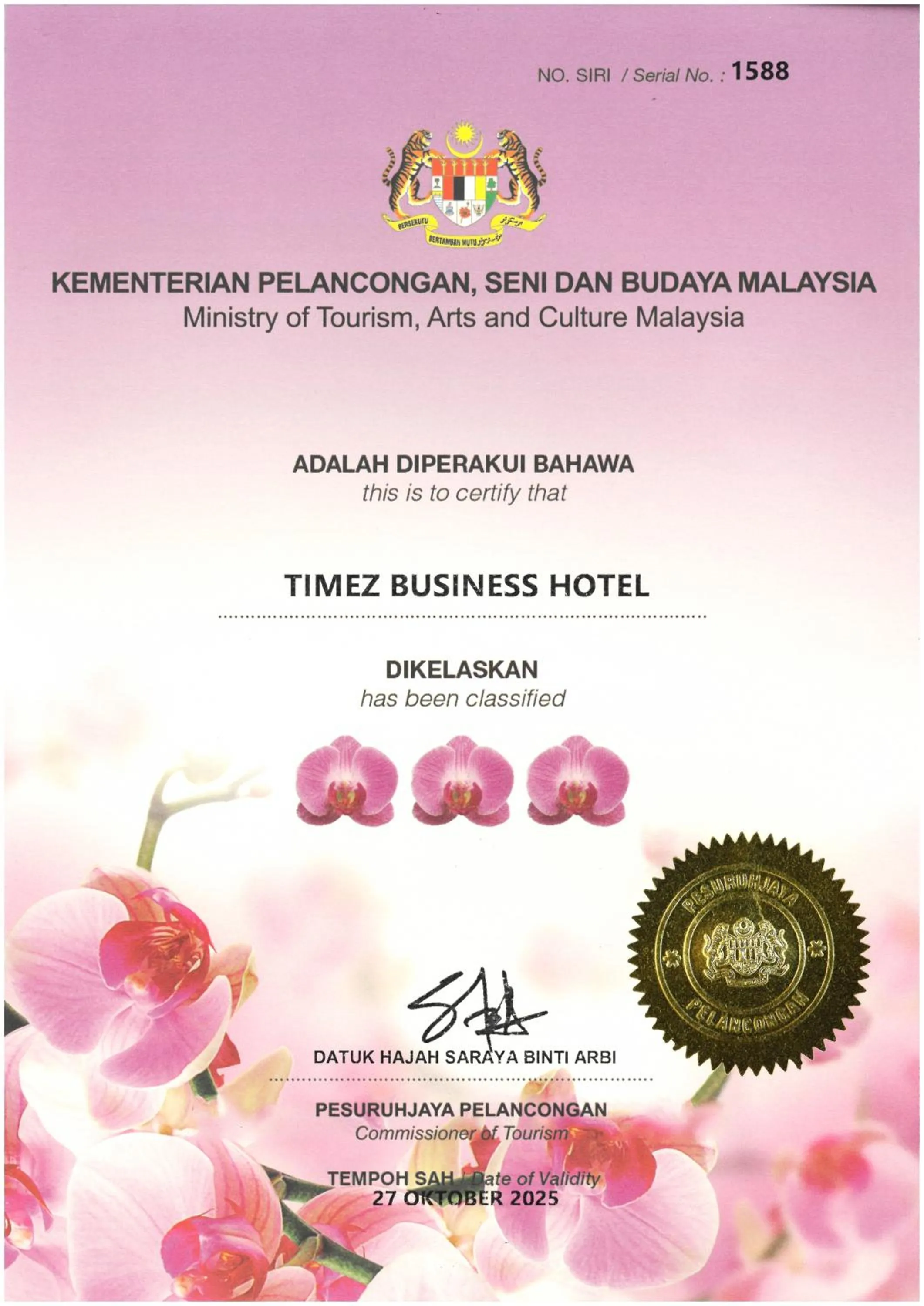 Certificate/Award in Timez Business Hotel