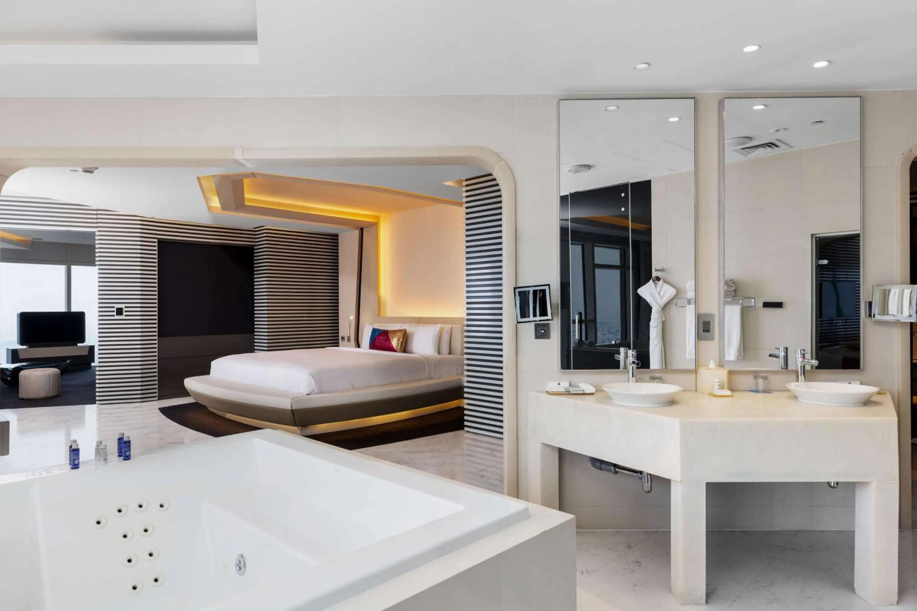 Bathroom, Bed in V Hotel Dubai, Curio Collection by Hilton