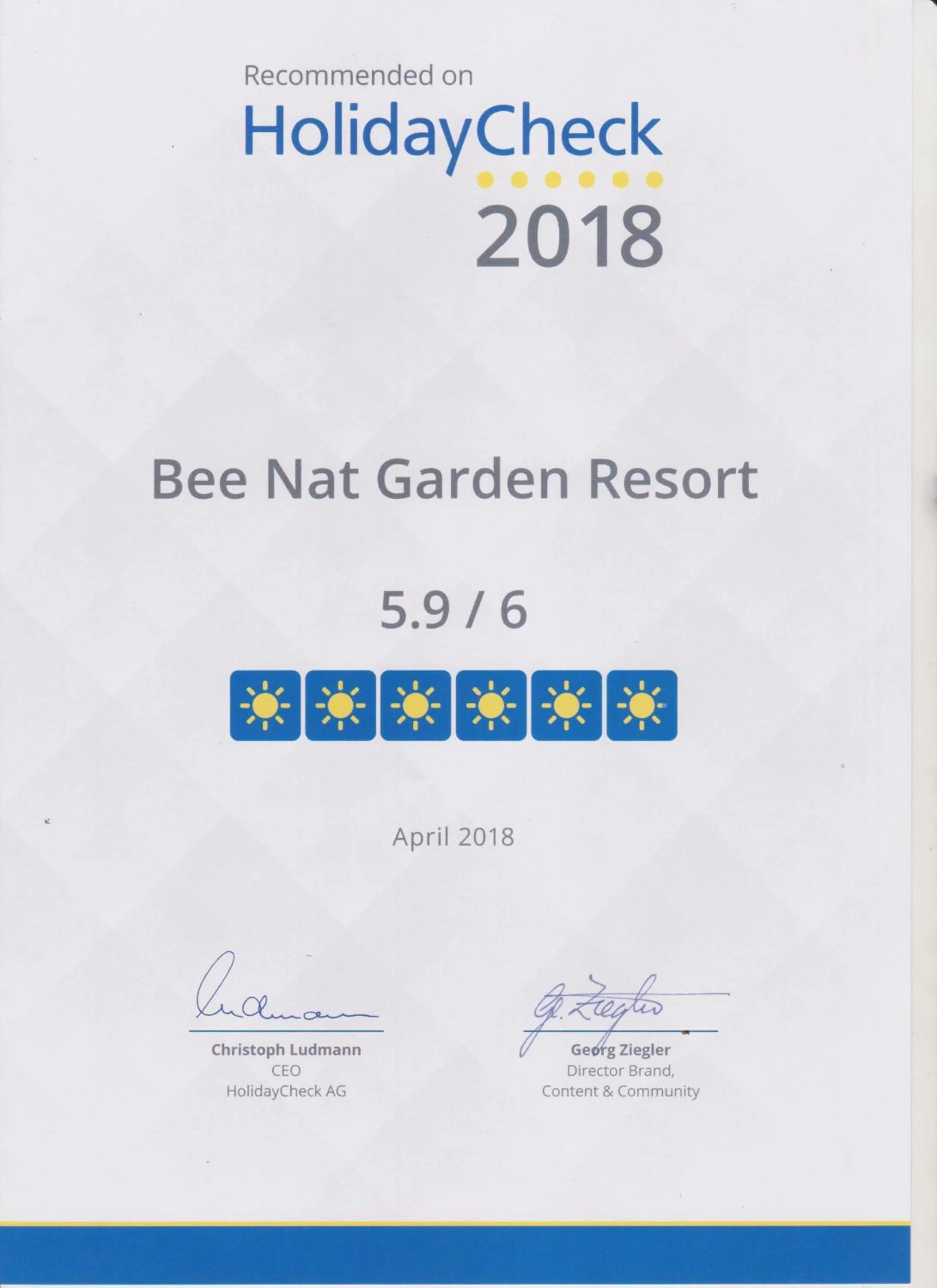 Certificate/Award in Bee Nat Garden Resort