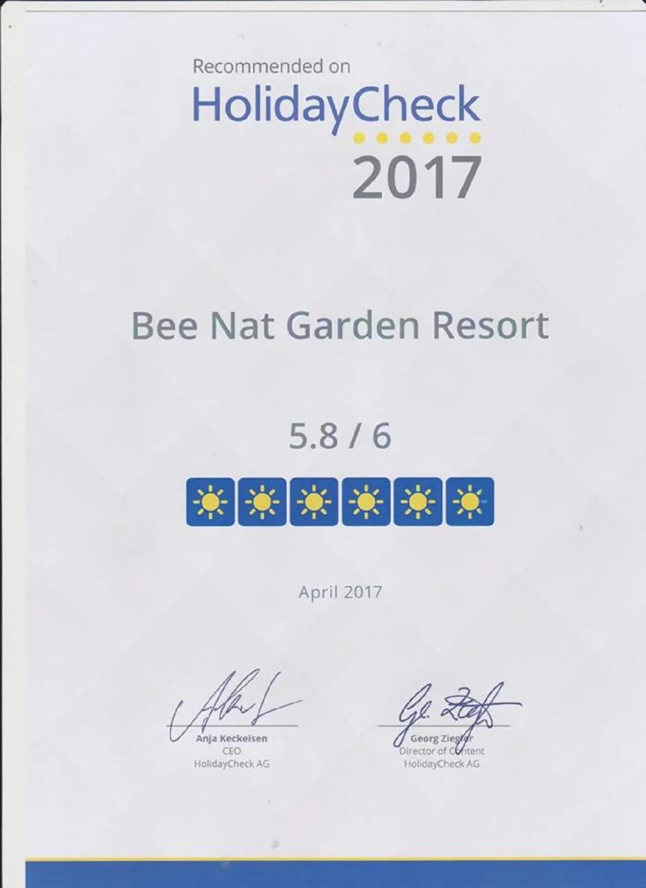 Certificate/Award in Bee Nat Garden Resort