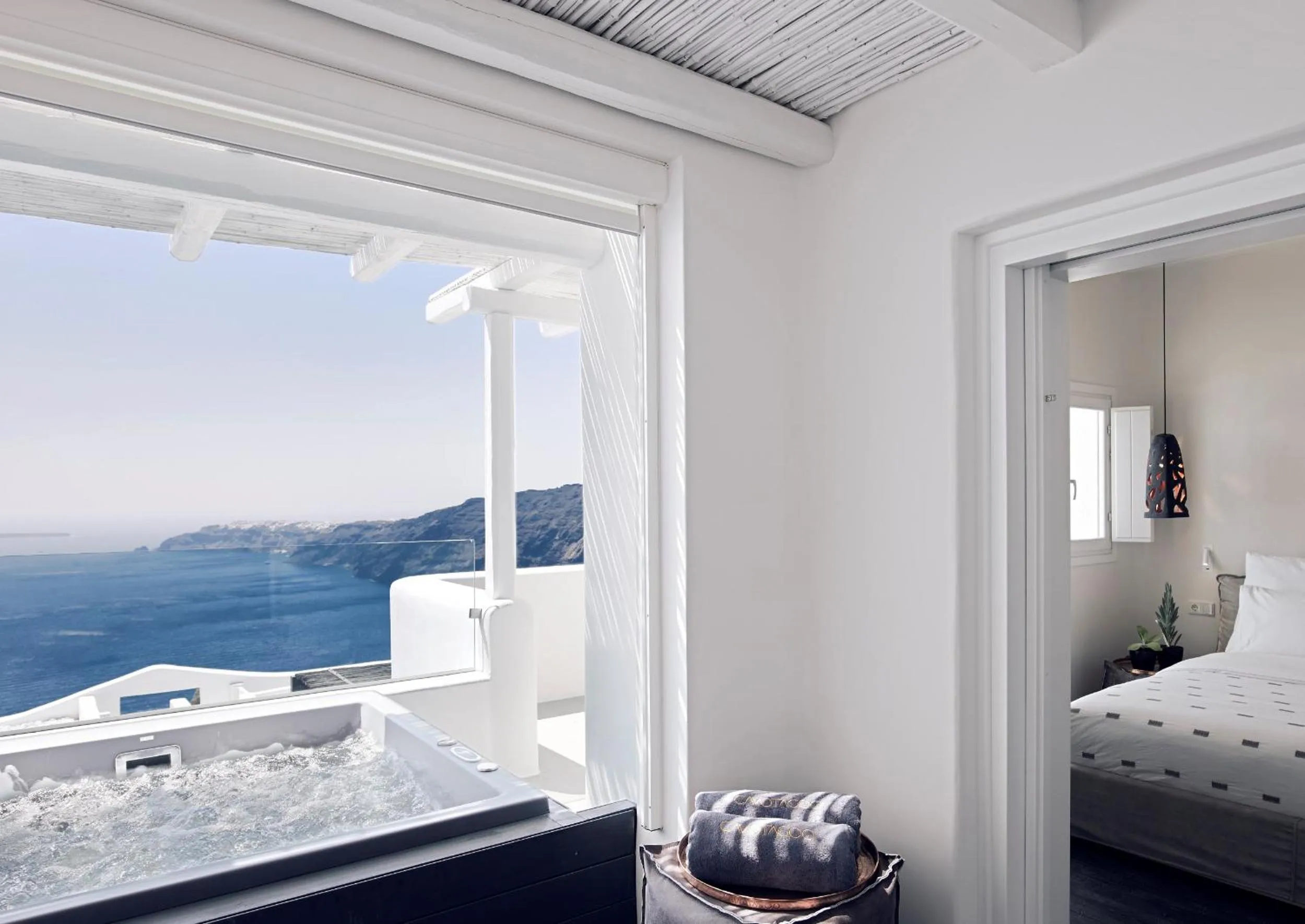 View (from property/room), Bed in Cavo Tagoo Santorini