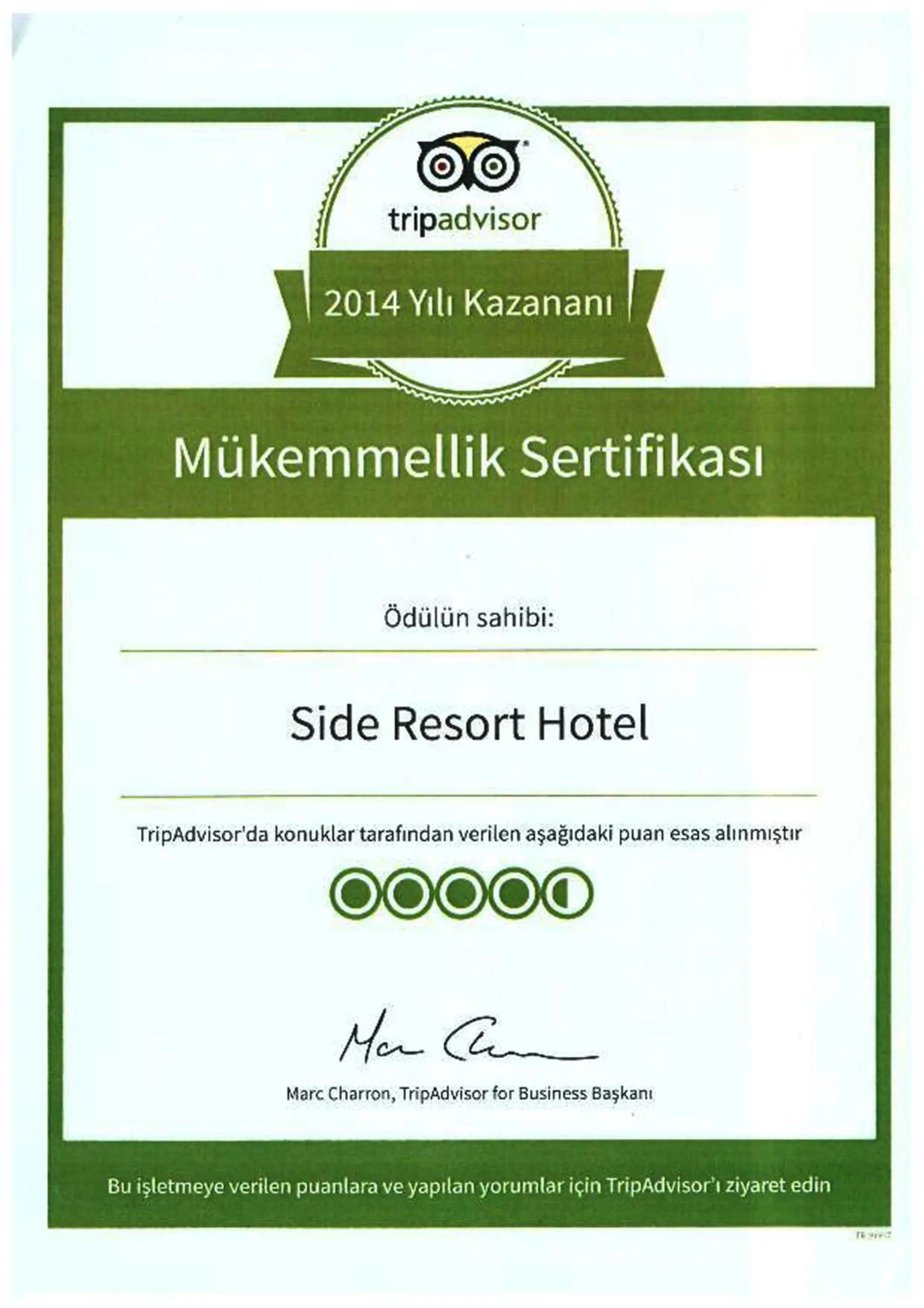 Certificate/Award in Calimera Side Resort