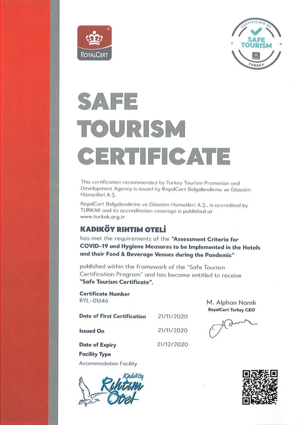 Certificate/Award in Kadıköy Rıhtım Hotel