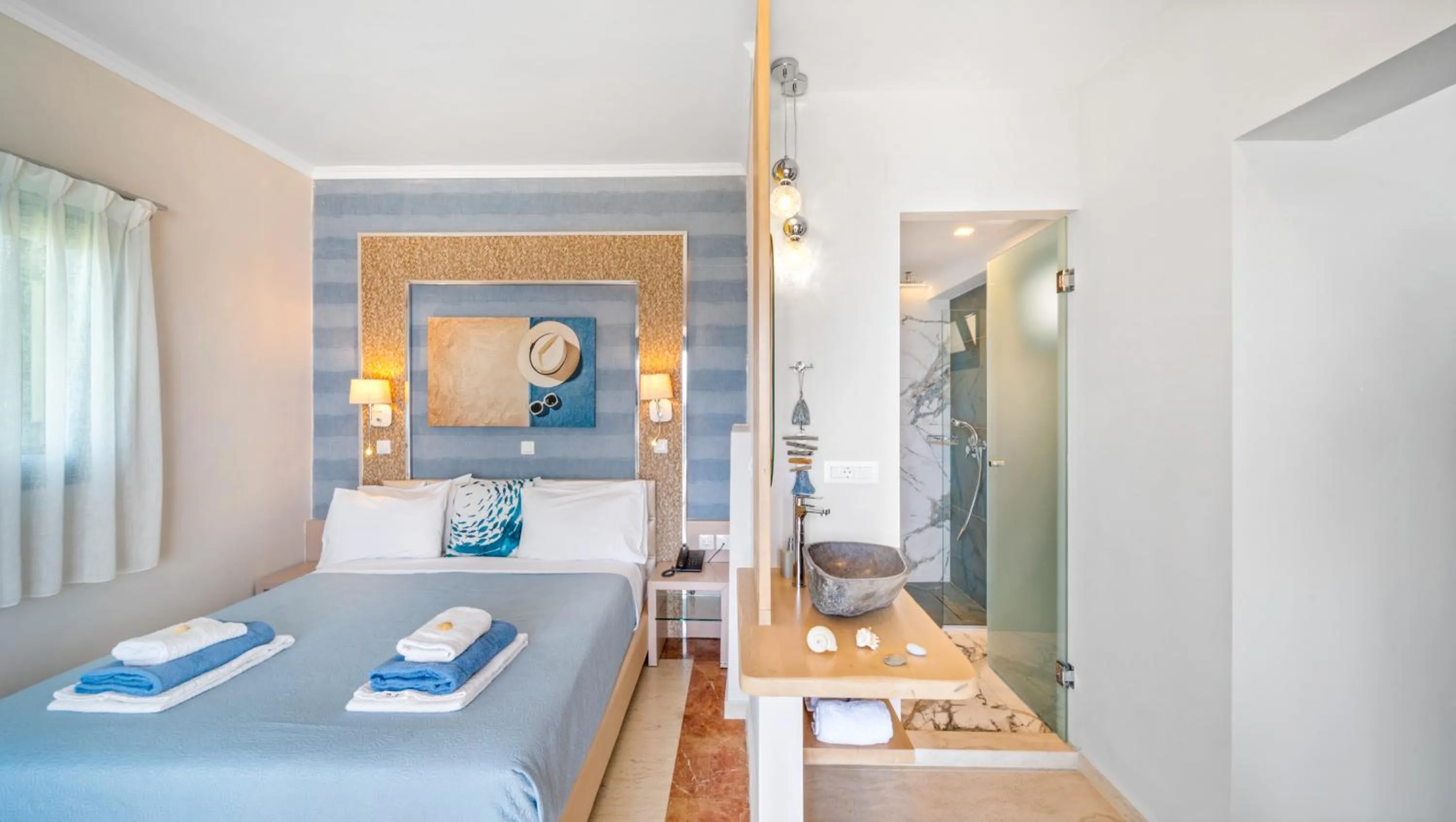 Bathroom, Bed in Pyrgos Beach Hotel Apartments