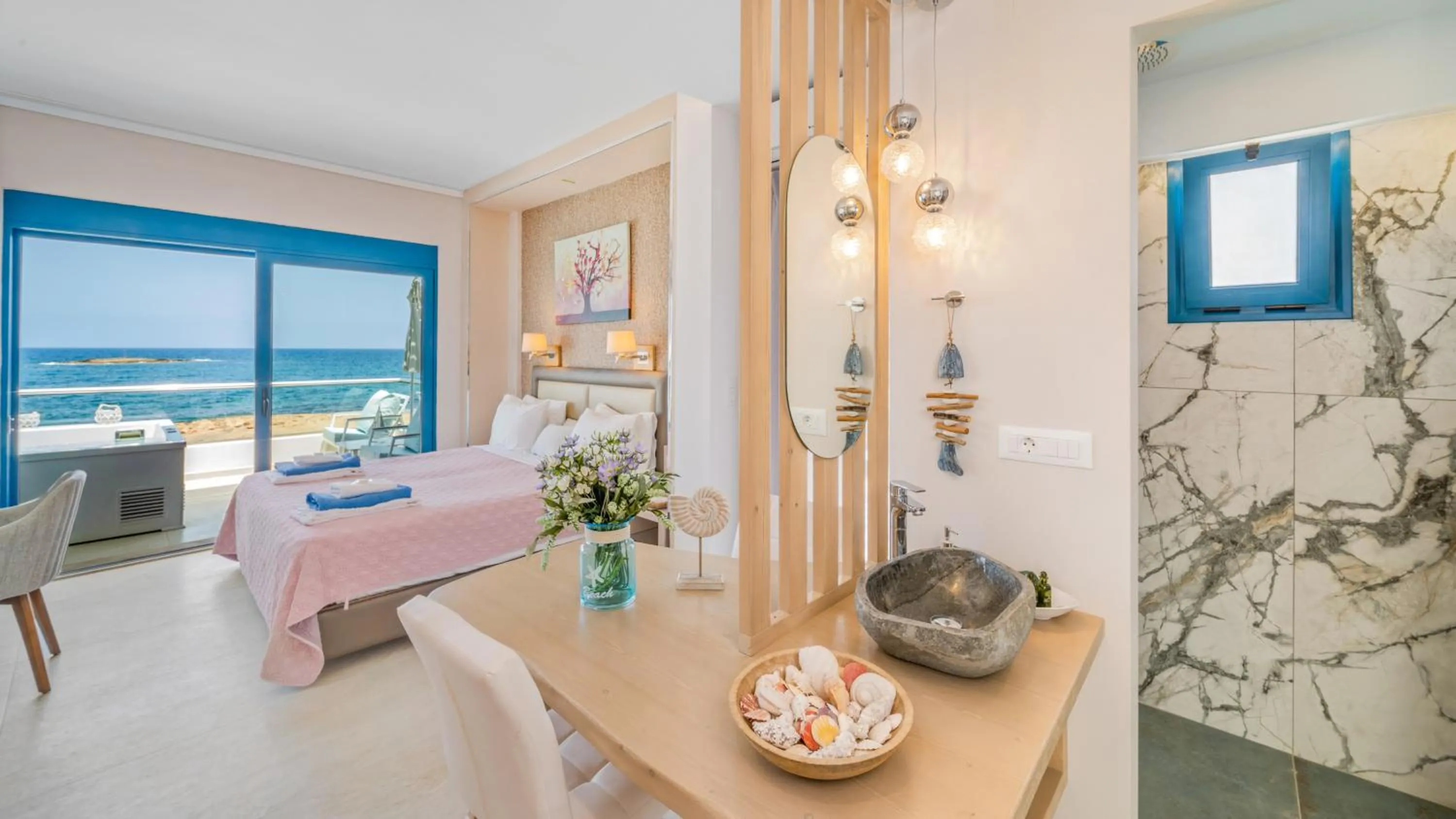 Bathroom, Bed in Pyrgos Beach Hotel Apartments
