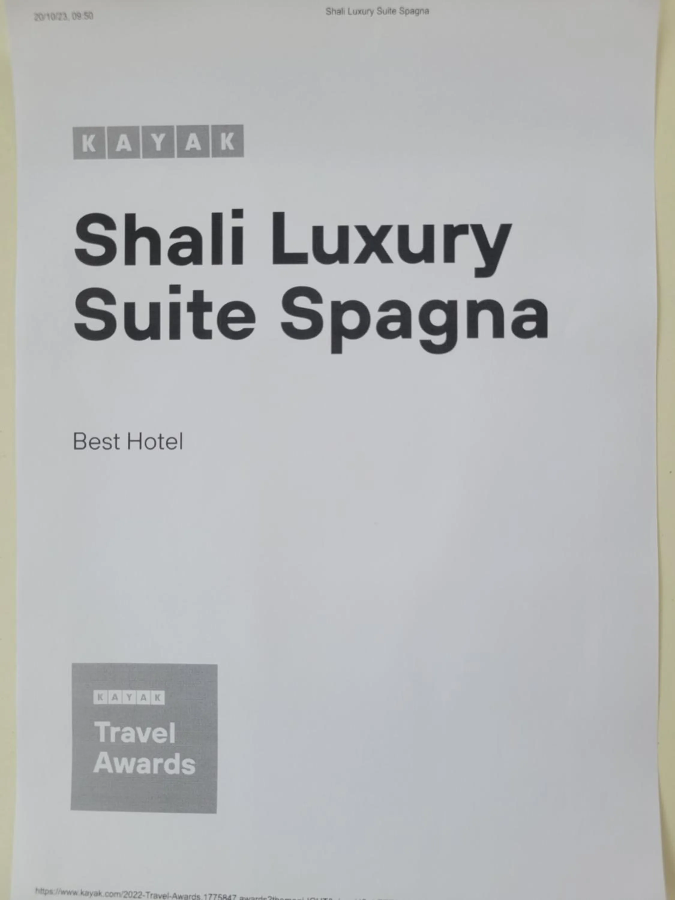 Certificate/Award in Shali Luxury Suite Spagna