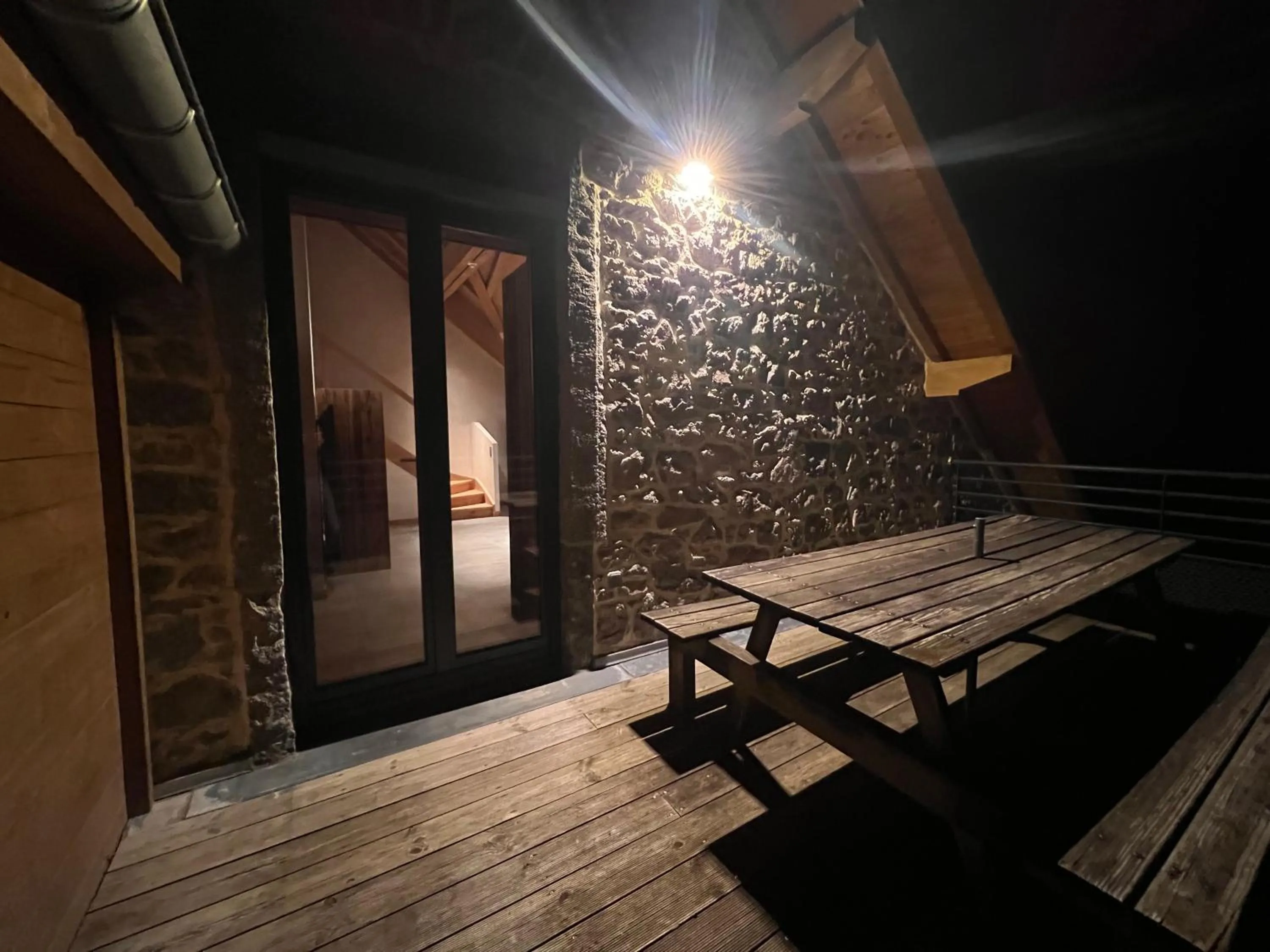 Balcony/Terrace in Gite Roche Des Ducs avec Piscine toute l'année, Spa, Sauna, Hammam