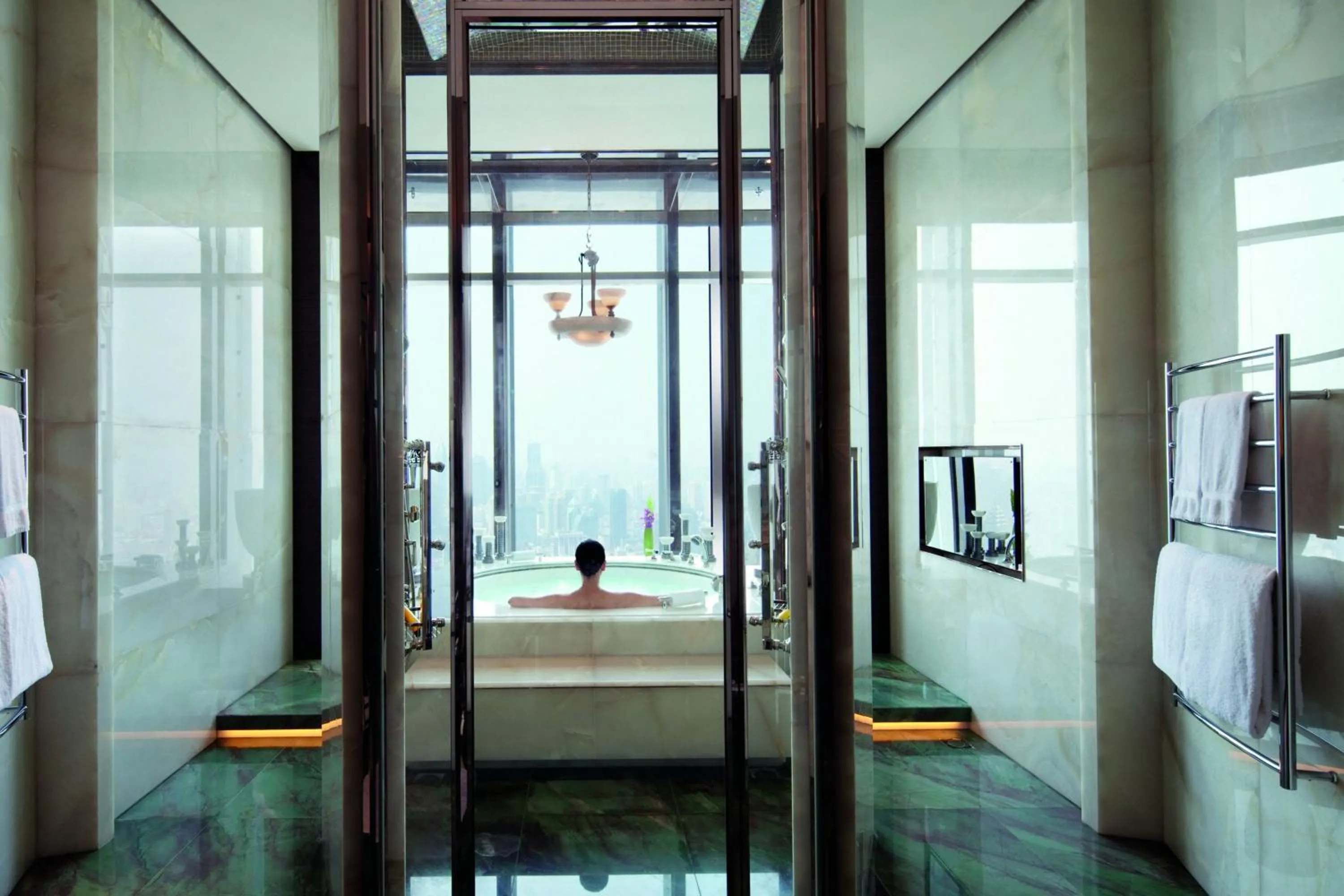 Bathroom, Bed in The Ritz-Carlton Shanghai, Pudong