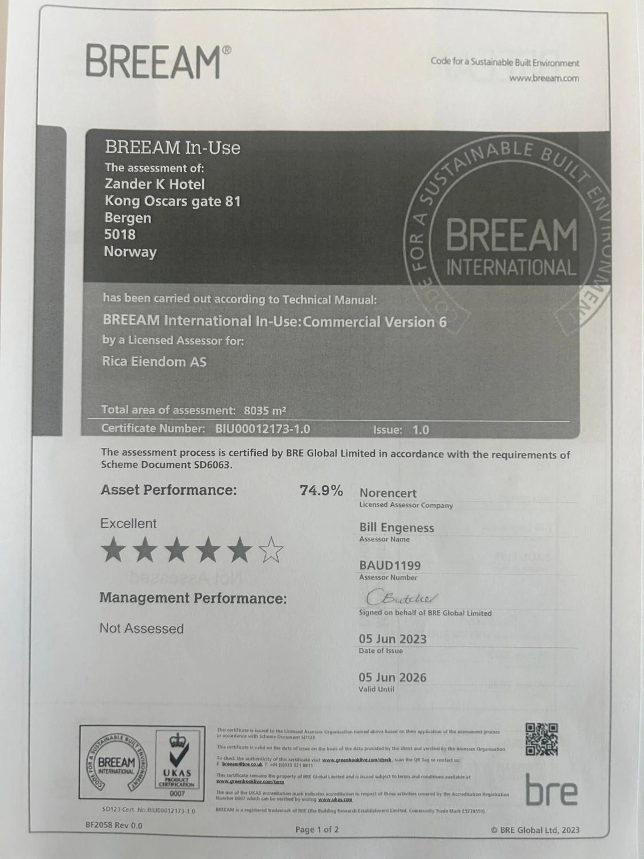 Certificate/Award in Zander K Hotel