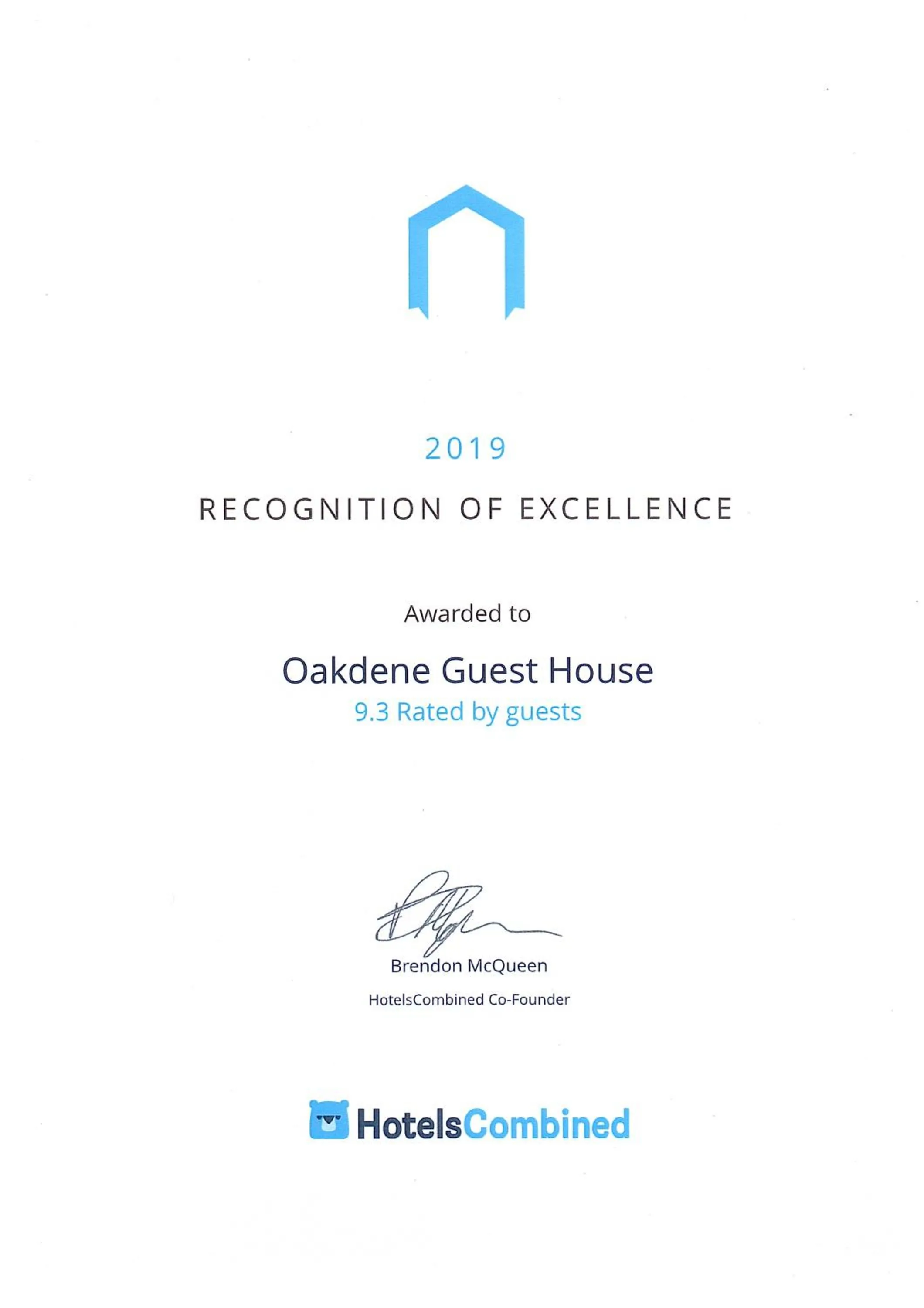 Certificate/Award in Oakdene Guest House