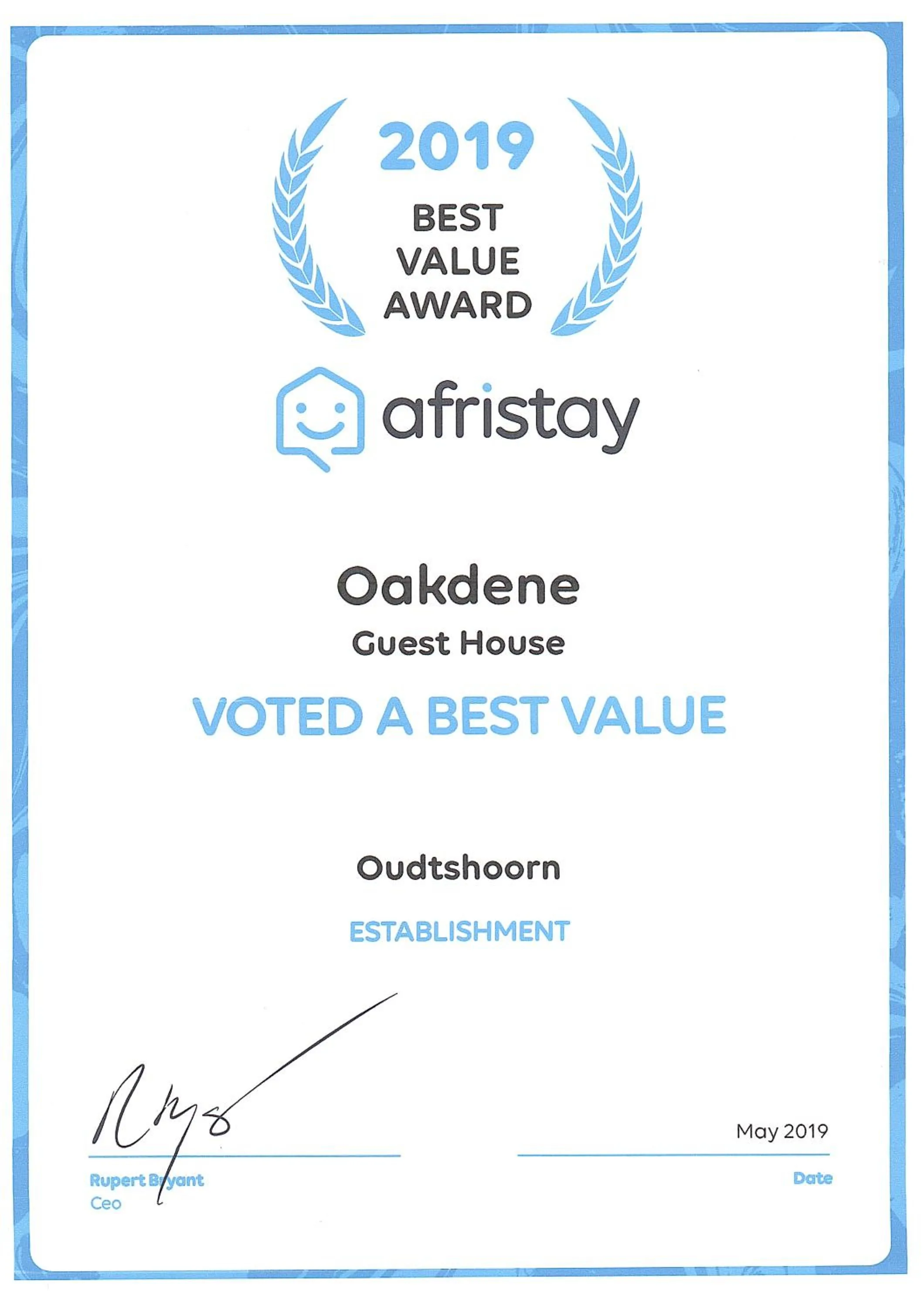 Certificate/Award in Oakdene Guest House