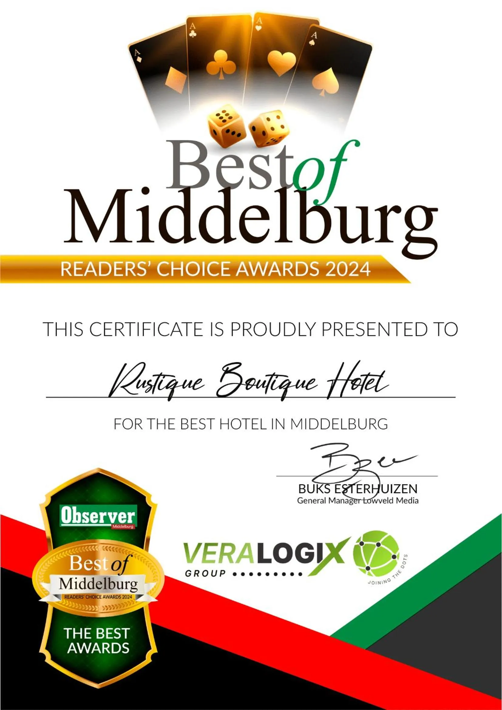 Certificate/Award in Rustique Boutique Hotel