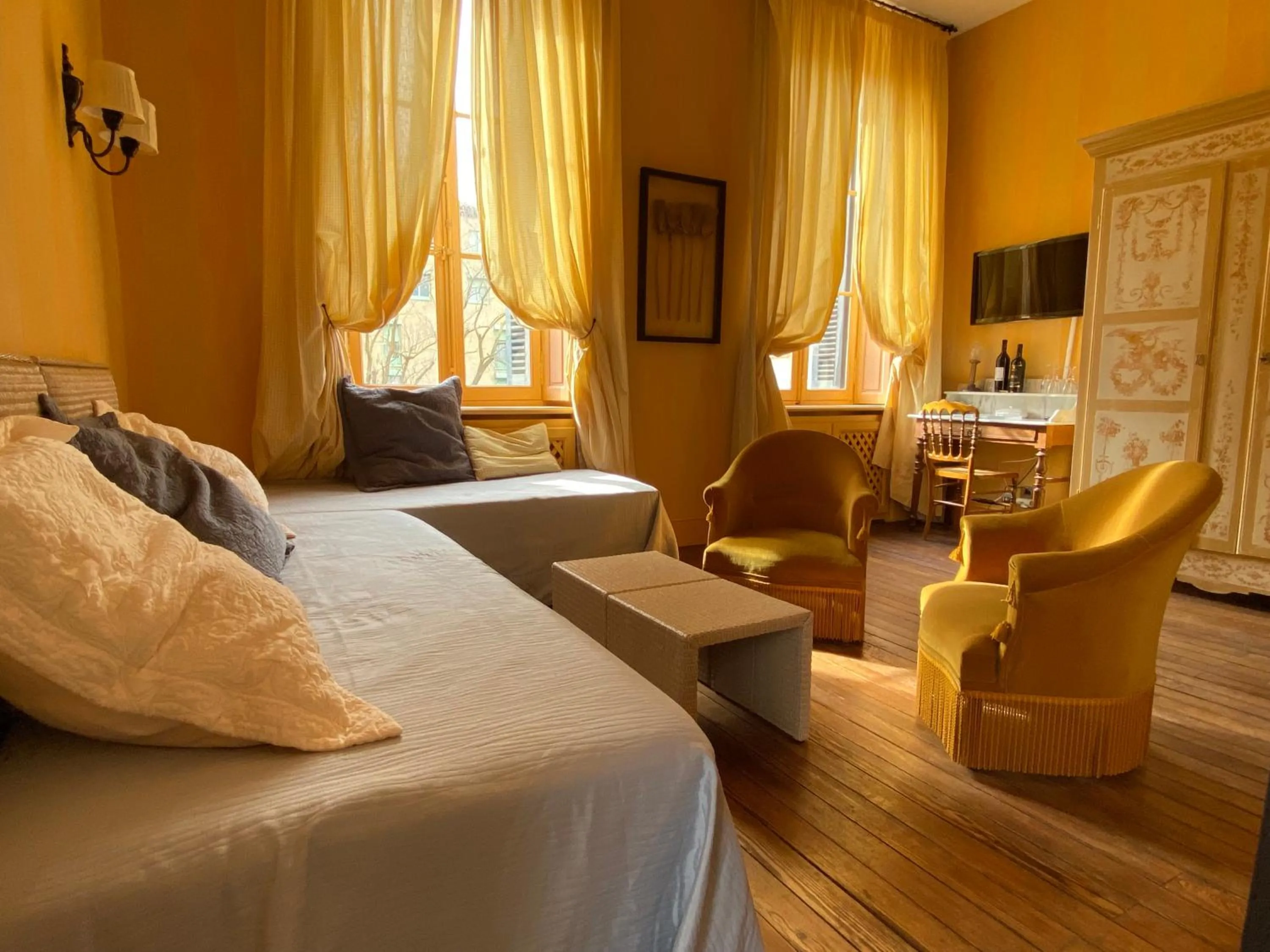 Living room, Bed in Demeure Saint Louis Historic manor, City 700m, free parking,A C,Clim,WIFI, city view, Garden